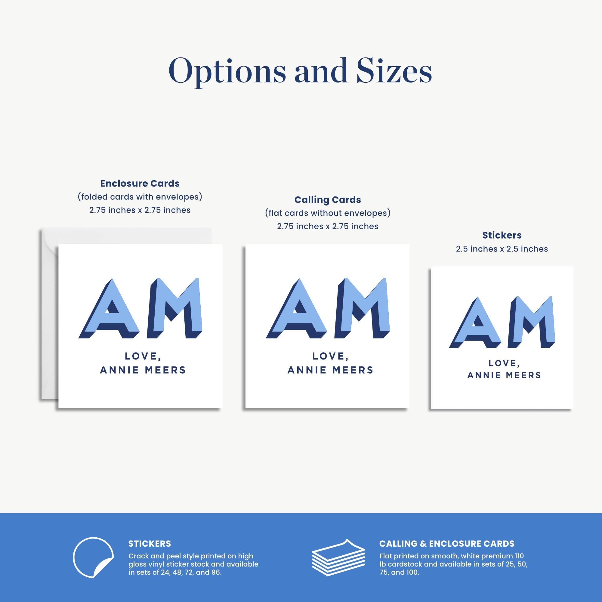 three different options and sizes of enclosures and stickers, as well as information about how to print and use stickers and calling and enclosure cards.