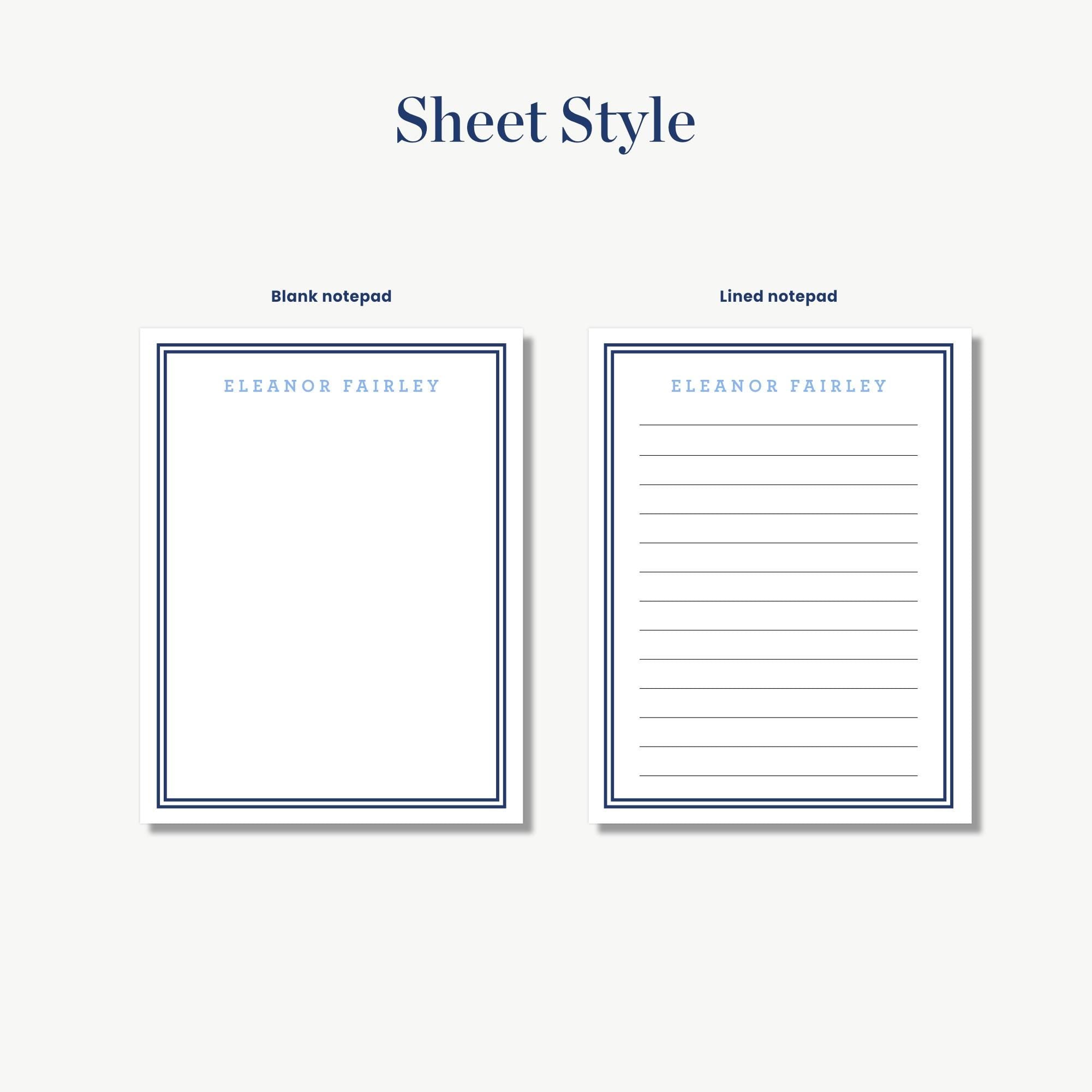 two blank notepads with a blue border, labeled as "Blank notepad" and "Lined notepad".