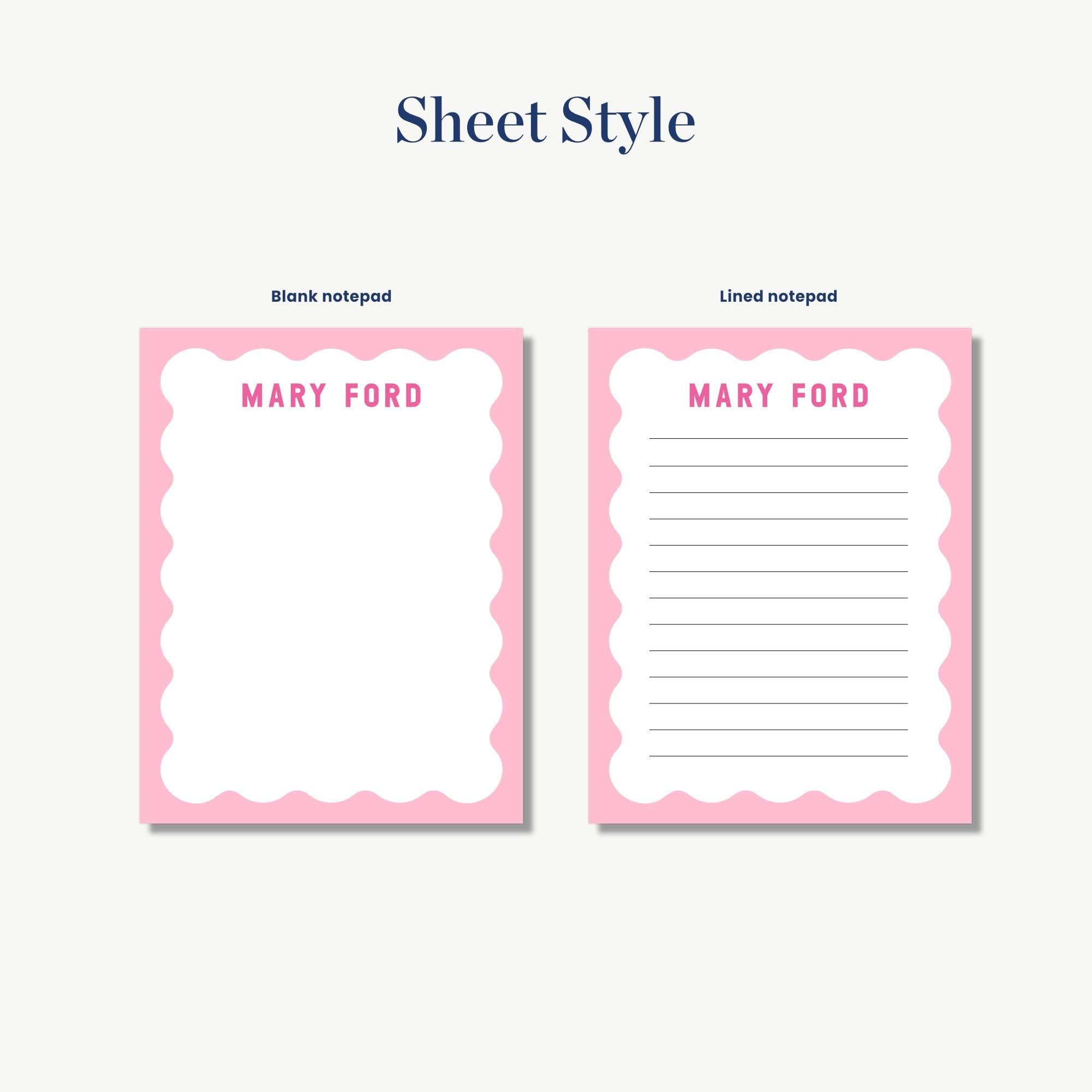 two different sheet styles, one with a blank notepad and the other with lined notepad paper.
