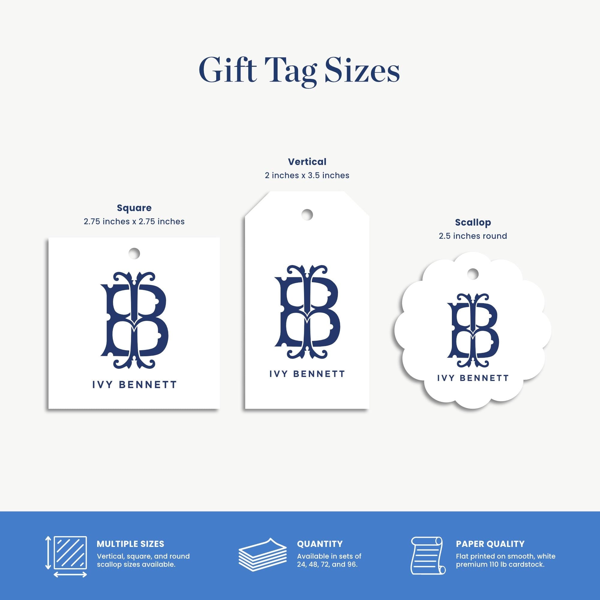 three different gift tag sizes, each with a unique design and dimensions, along with information about their paper quality and quantity.