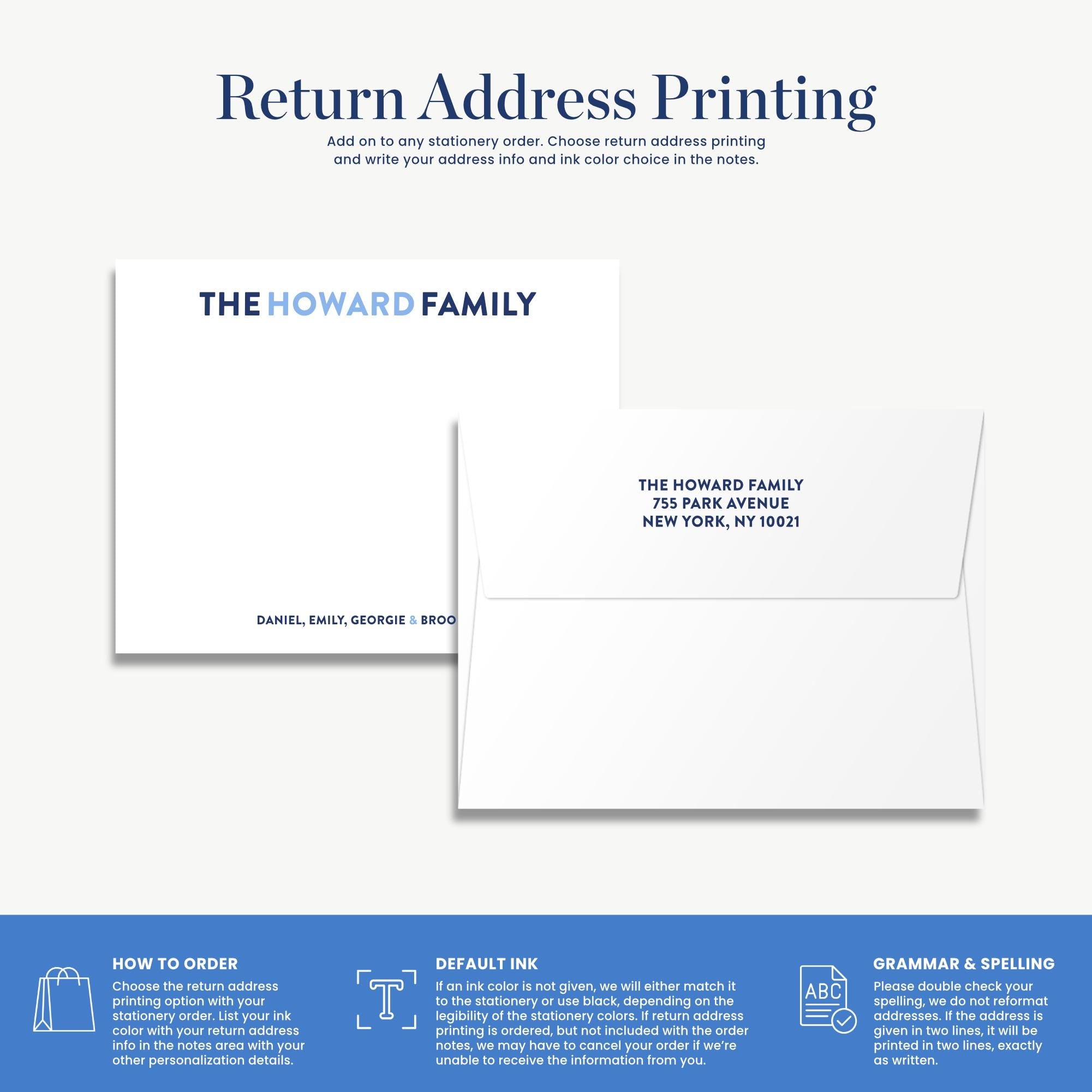 The image is a return address printing guide that provides instructions on how to order a return address, including choosing the return address, writing the address, and writing the color and ink choice.