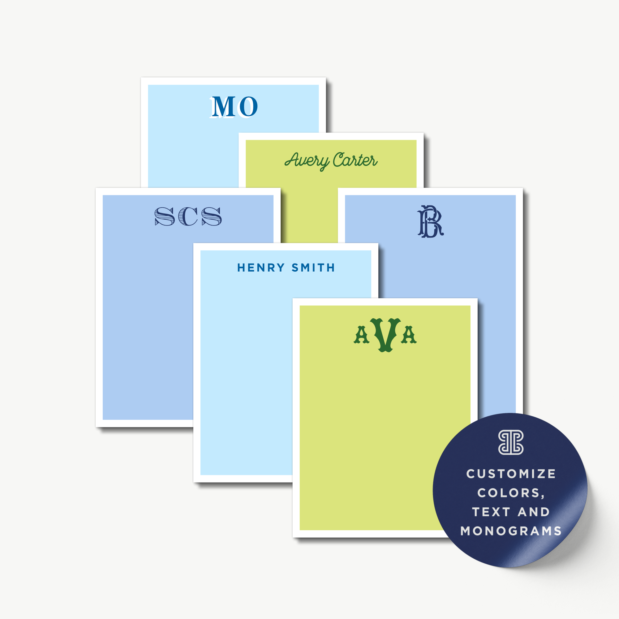 a collection of personalized stationery items, including name cards and monogrammed designs, with the text "MO", "Avery Carter", "SCS", "HENRY SMITH", and "AVA" displayed on them. The stationery items are arranged in a way that showcases their unique features and allows for customization of colors, text, and monograms.