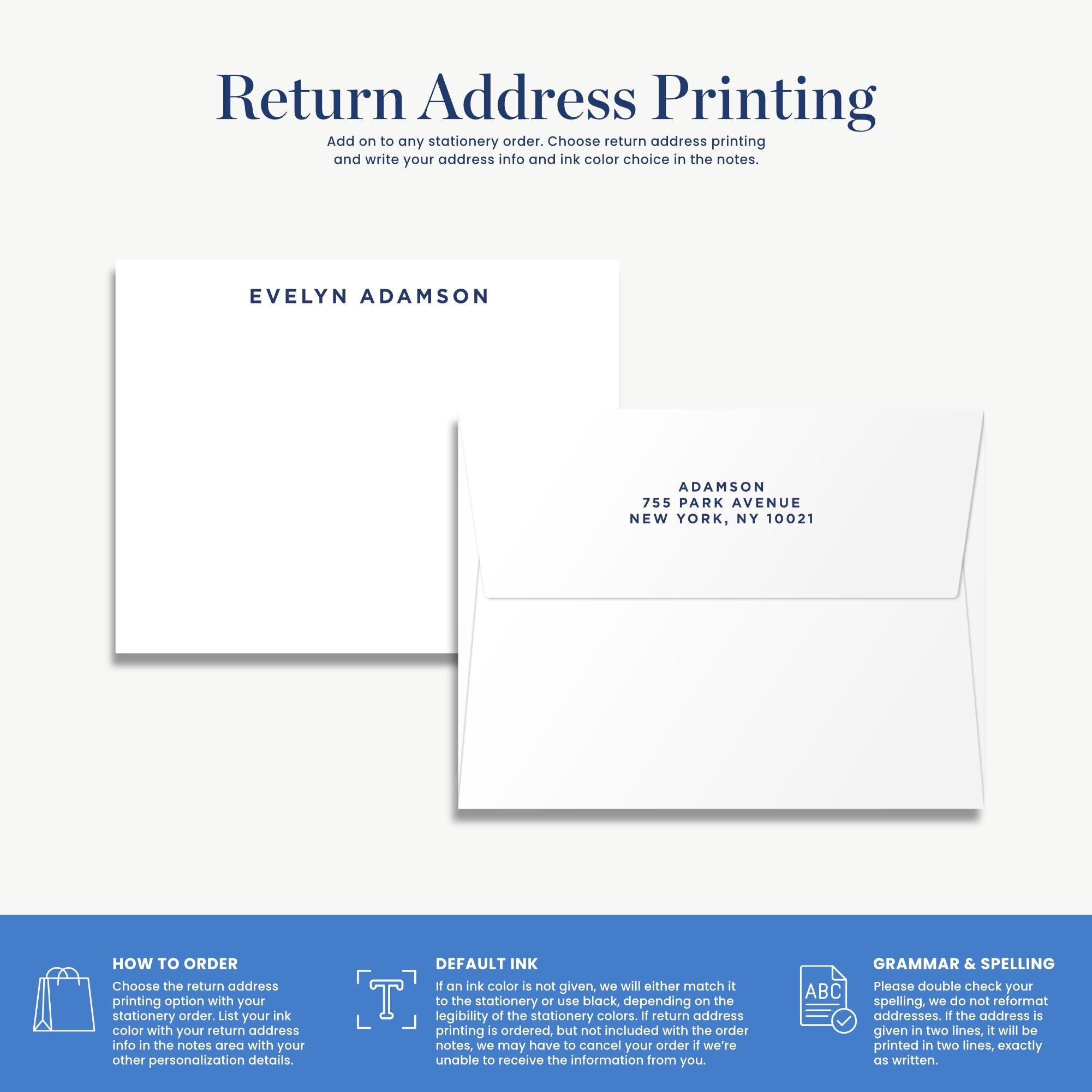 The image is a return address printing guide that provides instructions on how to order a return address, including the choice of return address printing and the option to write the address in the notes.