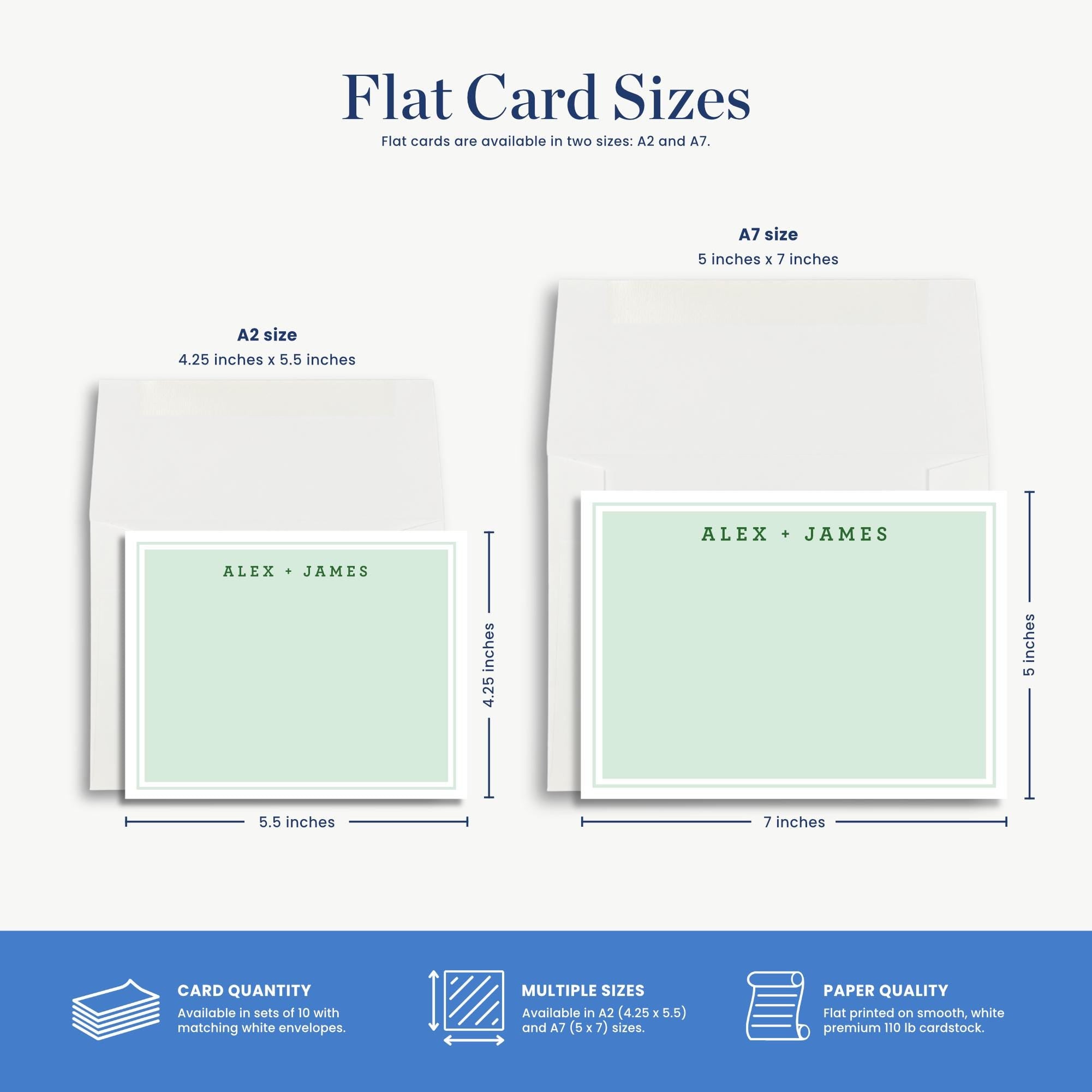 two flat cards, each with a different size and design, along with their respective dimensions and features.