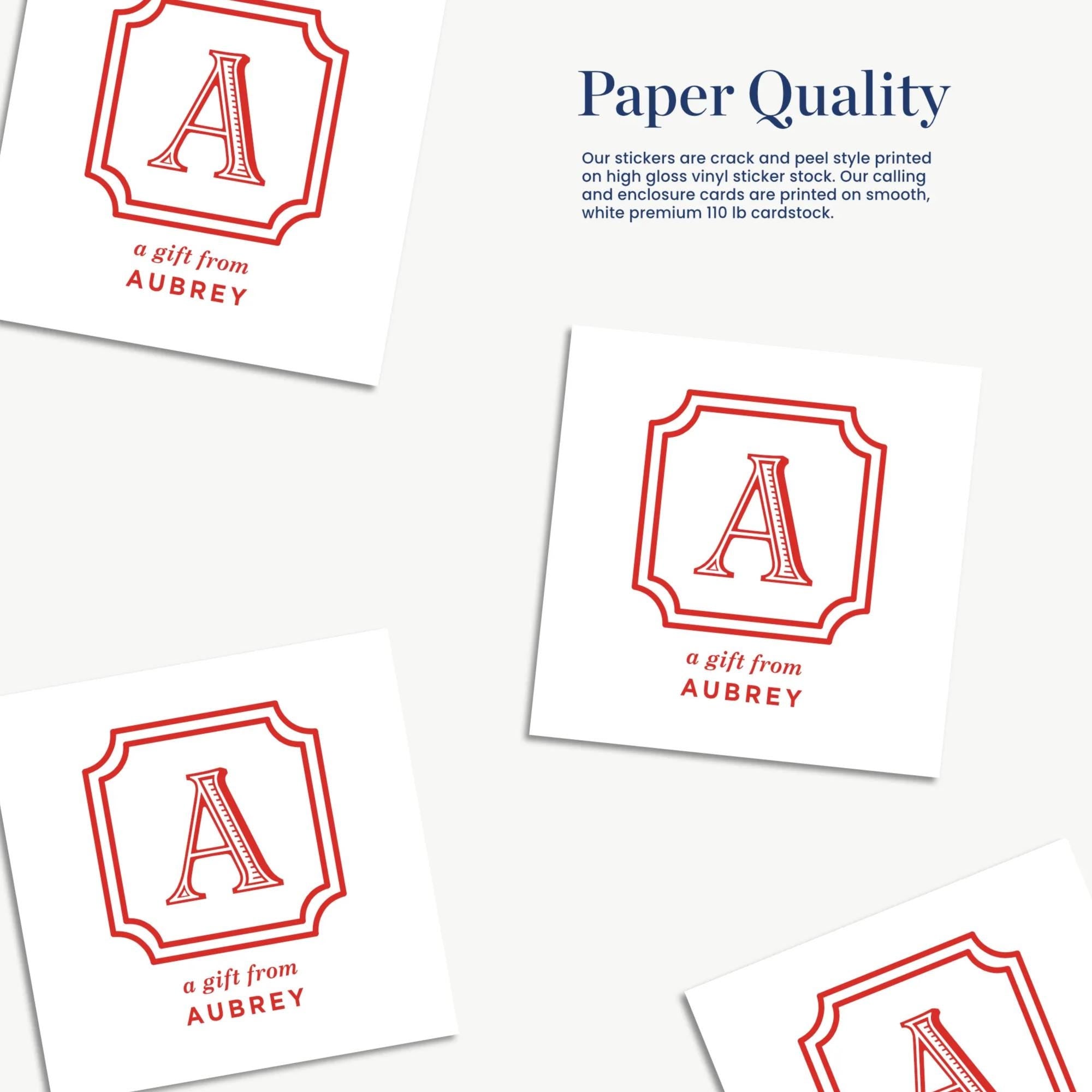 a collection of four stickers with the same design, featuring a large red letter "A" within a red frame. The stickers are arranged in a row, with the first one being slightly larger than the others. The stickers are printed on paper with a high-quality finish, and the text "Paper Quality" is visible, indicating that the stickers are of good quality.