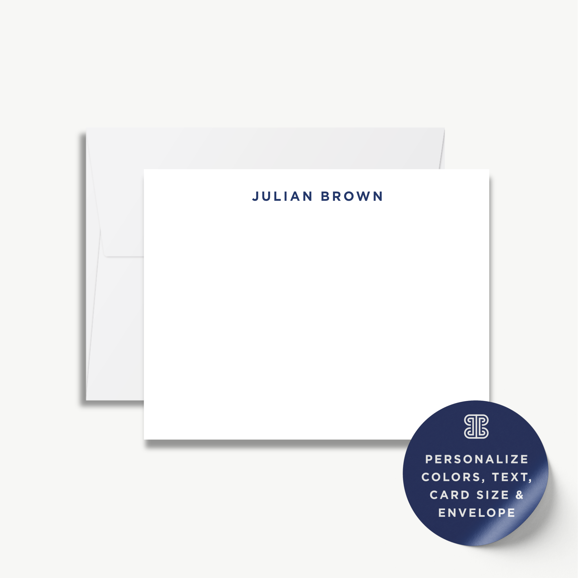 a blank white card with the name "Julian Brown" printed on it, along with a label indicating that the card can be personalized with colors, text, card size, and envelope.