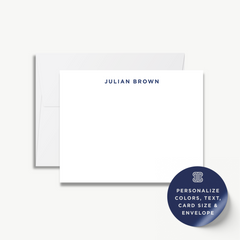 a blank white card with the name "Julian Brown" printed on it, along with a label indicating that the card can be personalized with colors, text, card size, and envelope.
