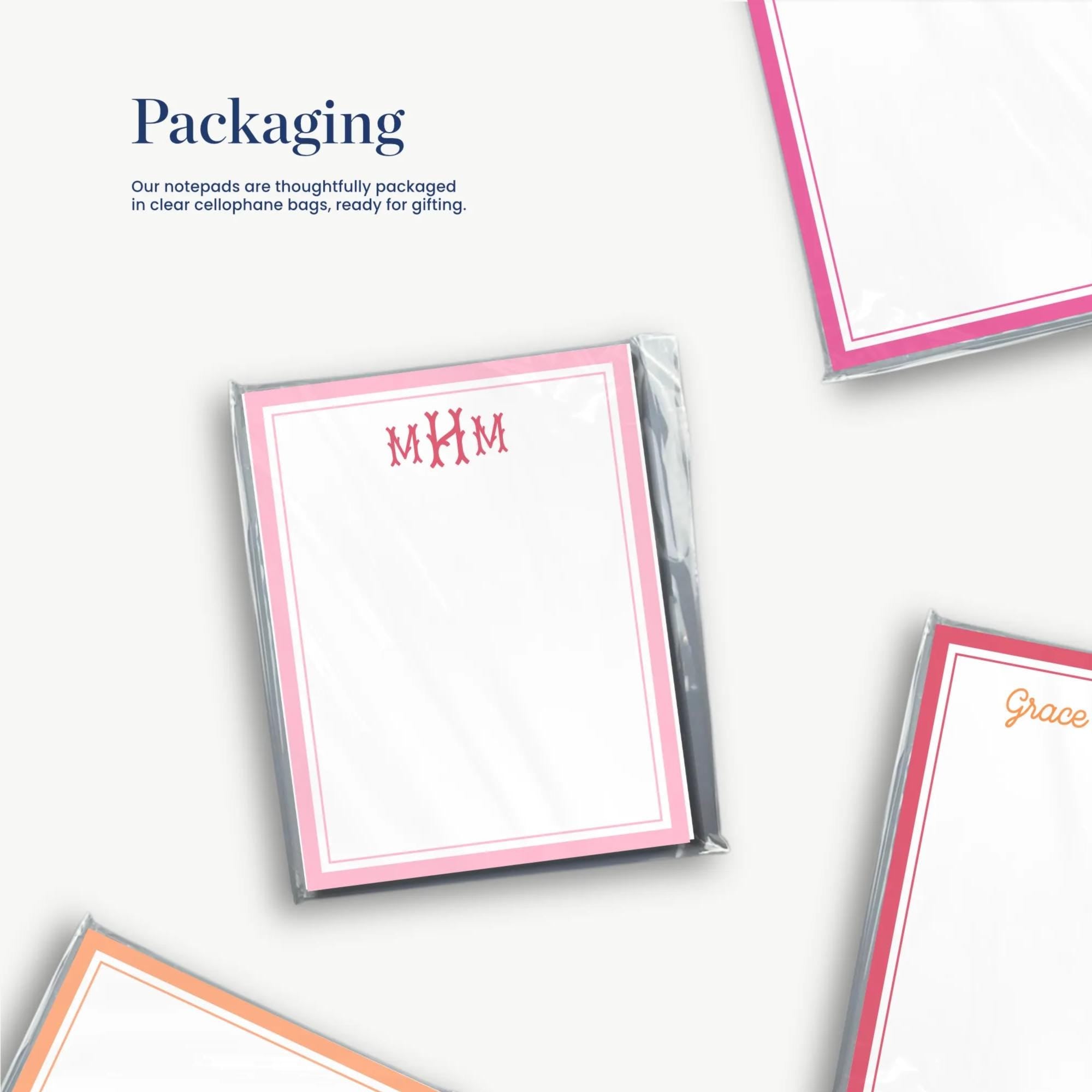 three different note pads with personalized names on them, along with a note about packaging.