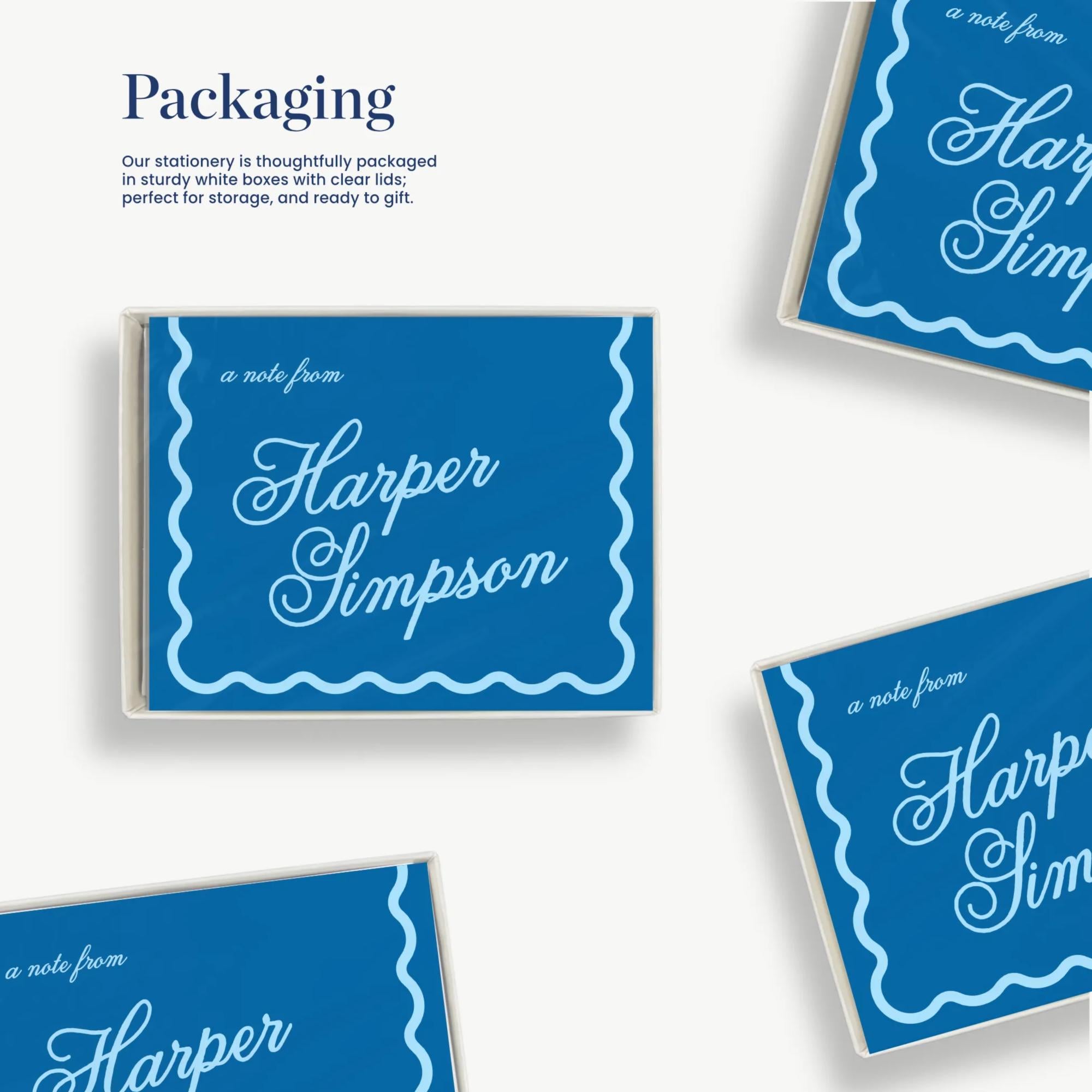 a collage of four blue and white cards with the name 'Harper Simpson' printed on them.