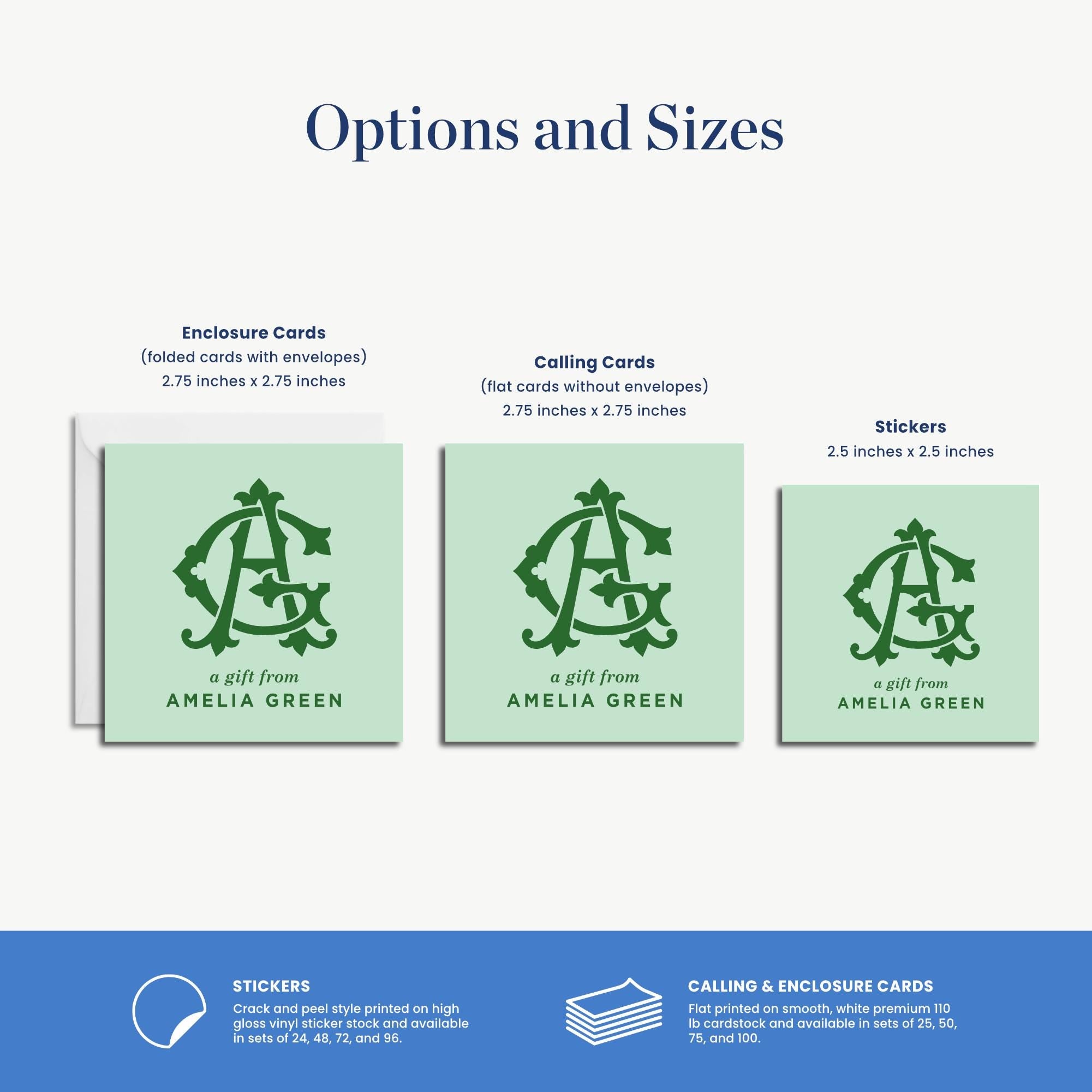 three different options and sizes for enclosing cards and stickers, as well as information about the style of printing and availability of the cards.