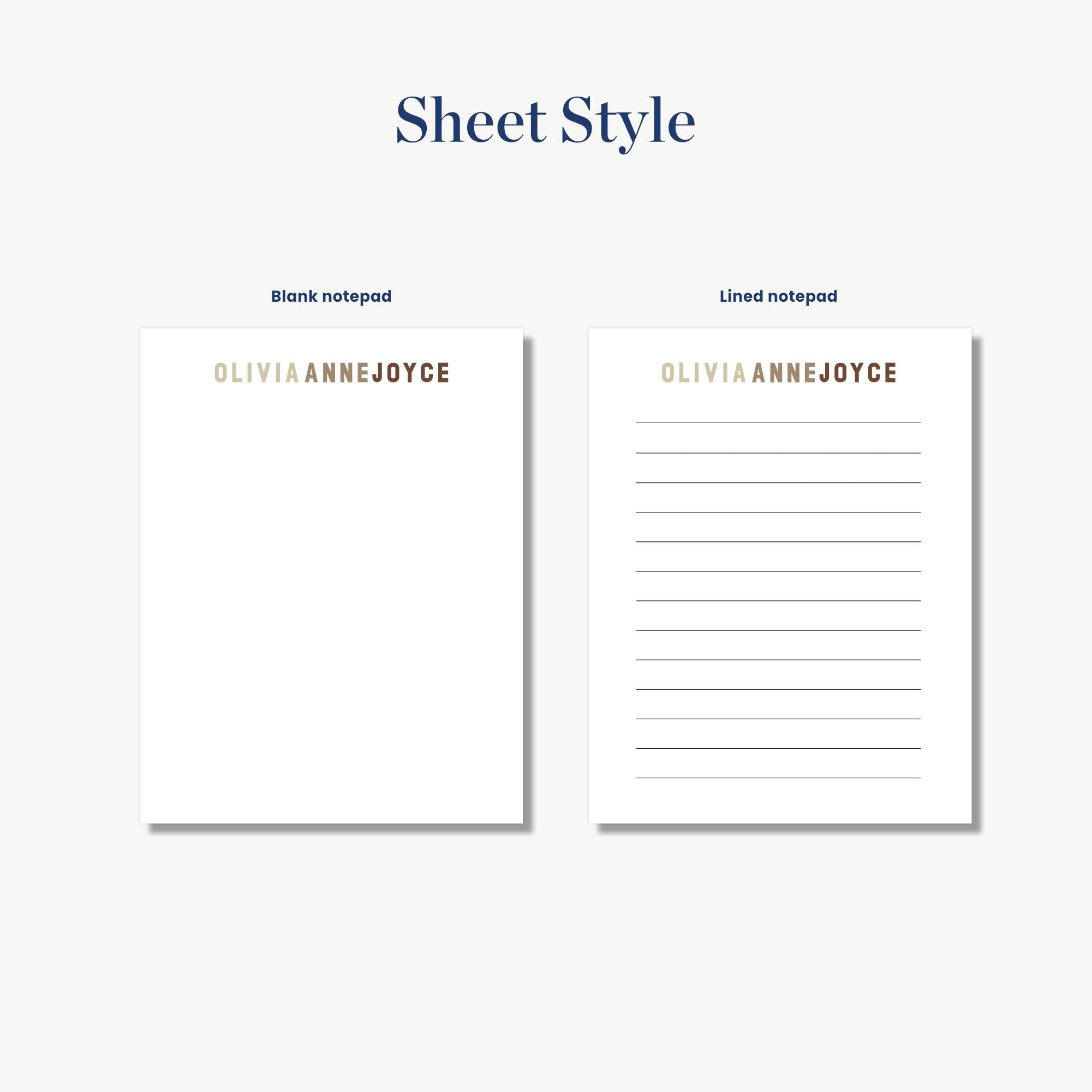 two blank notepads with the name 'OLIVIA ANNNEJOYCE' printed on them.