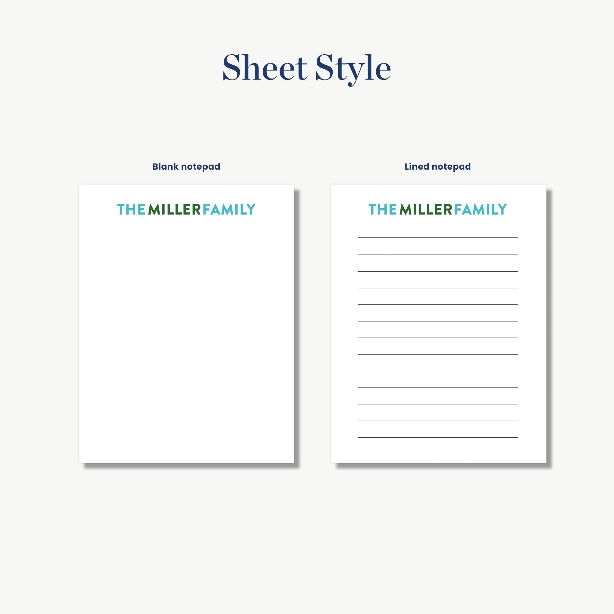 two blank notepads with the same design, labeled as "The Miller Family" and "The Miller Family" written on them.