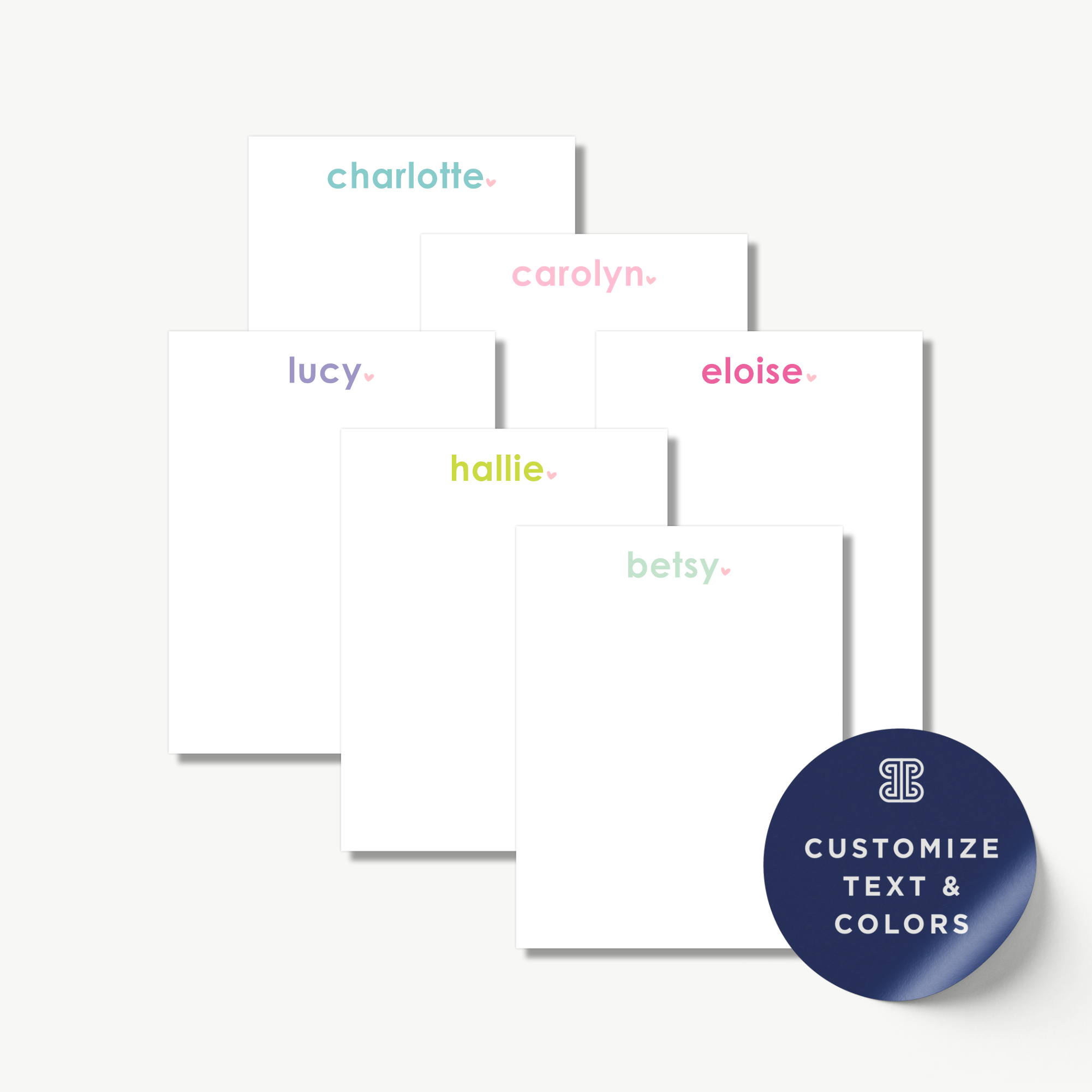 a collection of personalized note cards with names written on them, along with a sticker that says "CUSTOMIZE TEXT & COLORS".