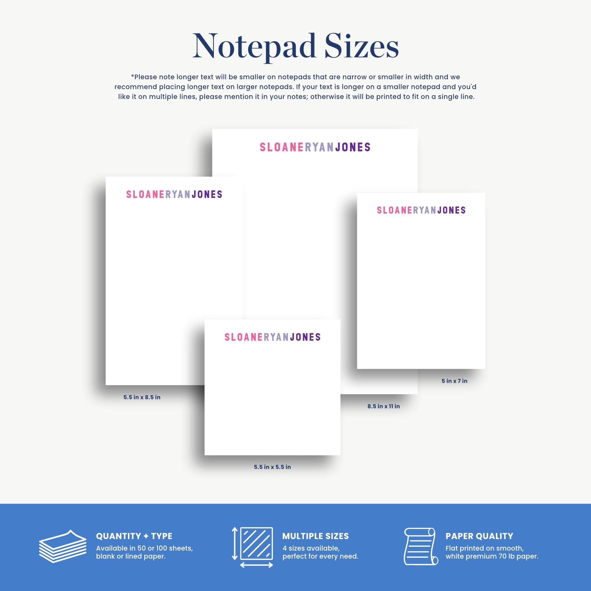 The image is a collection of three different sizes of notebooks, each with a unique design and dimensions. The notebooks are labeled as Sloane Ryan Jones, Sloane Ryan Jones, and Sloane Ryan Jones. The image also includes text that provides information about the notebook sizes and their features, such as the quantity, type, multiple sizes, and paper quality.