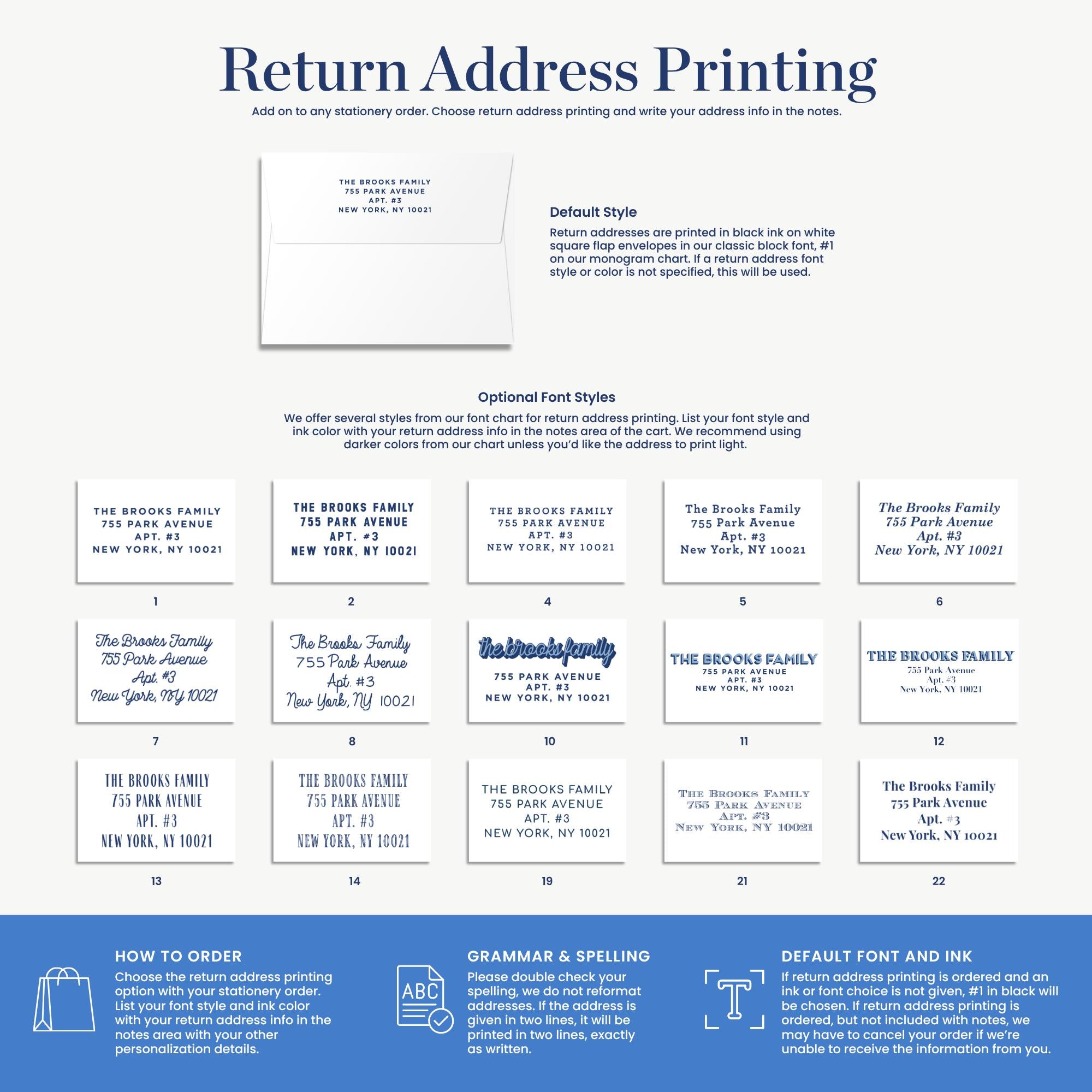 The image is a collection of various return address printing options, including different font styles and address formats. It provides instructions on how to order return address printing and includes a list of font styles and address formats to choose from.