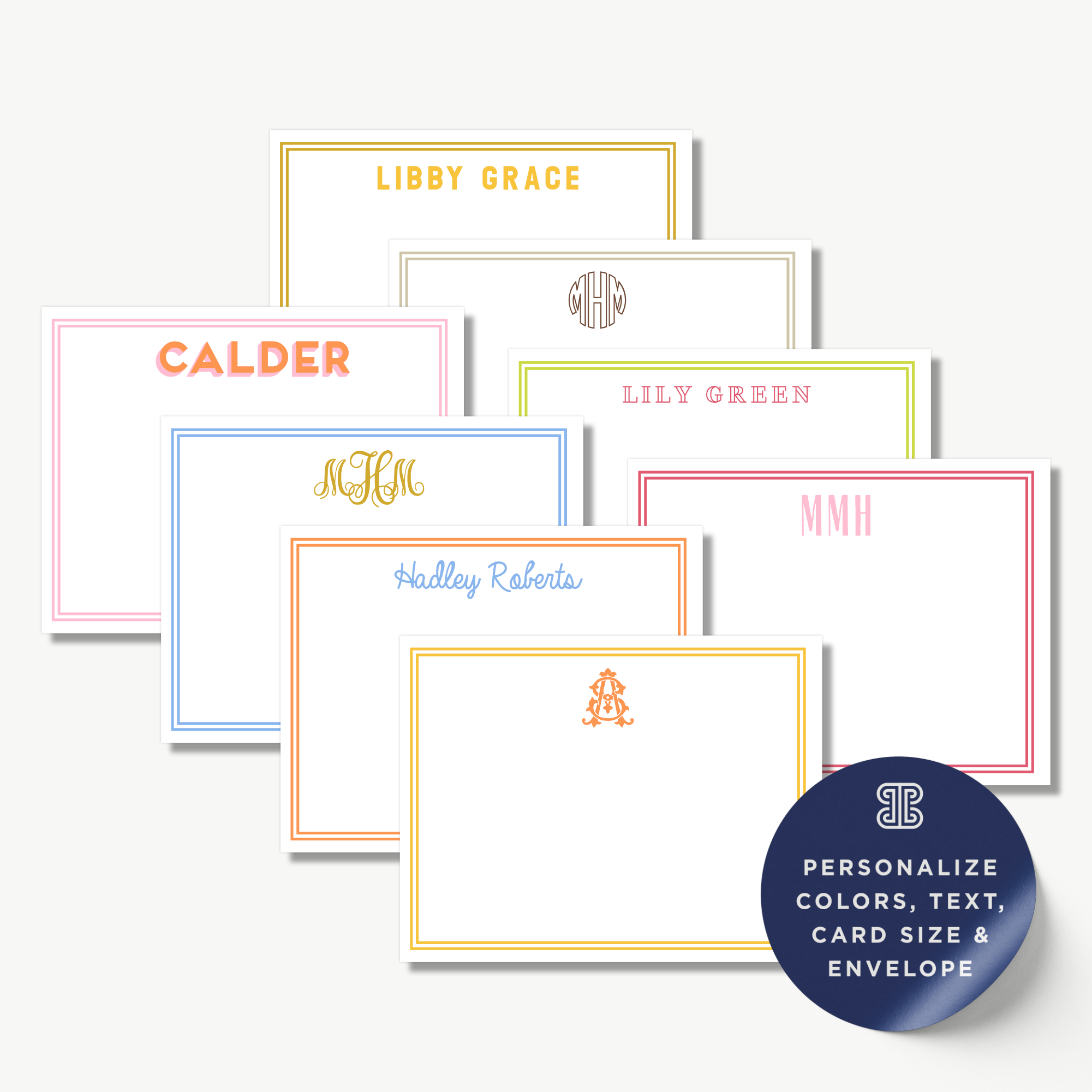 a collection of personalized name cards with various names and monograms, as well as a label indicating that the cards can be personalized with colors, text, card size, and envelope.