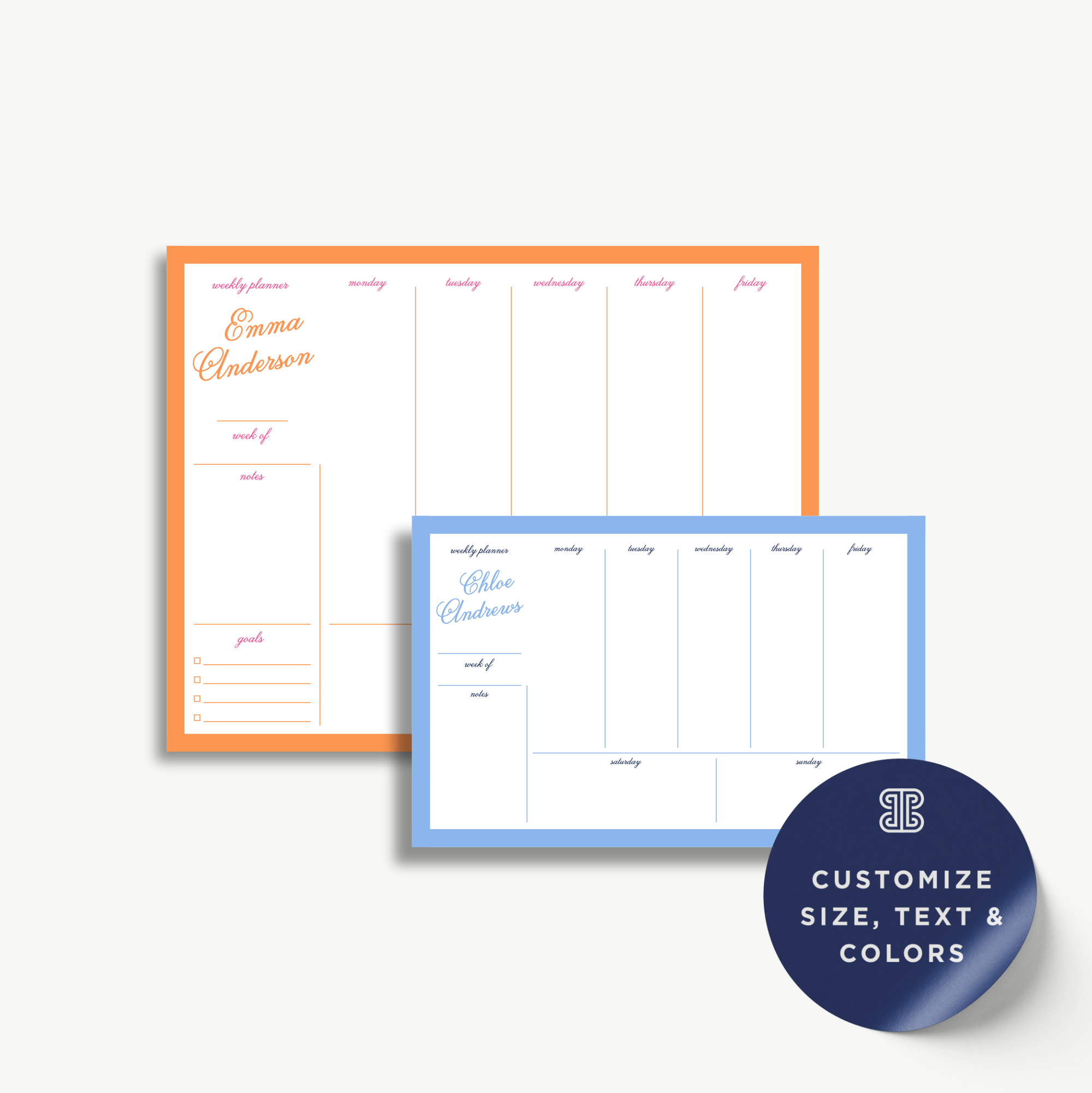 two colorful planners or schedules, one orange and one blue, with the word "Emma" written on them. The planners appear to be designed for personal use, with the option to customize the size, text, and colors.