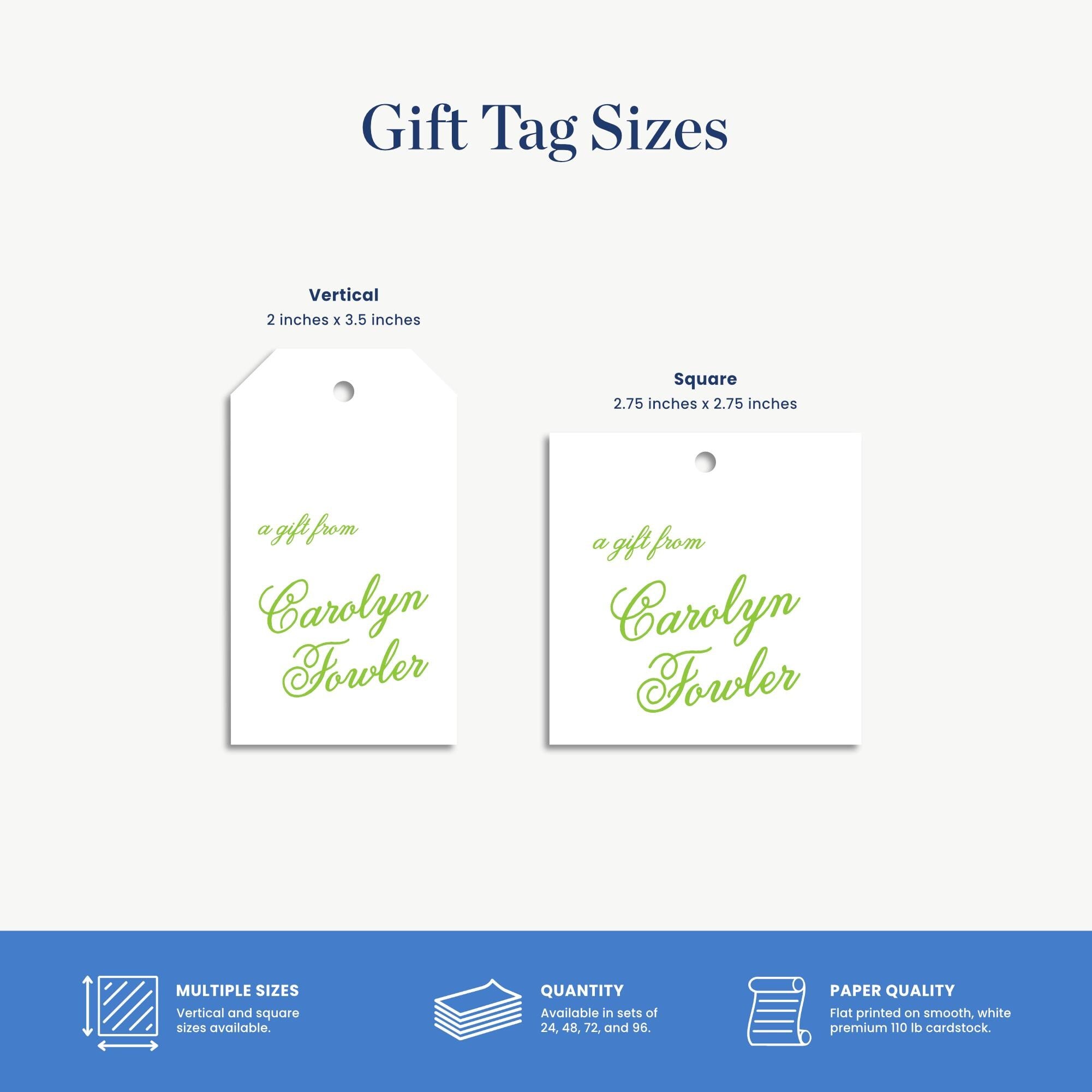 gift tag sizes for a vertical tag and a square tag, along with information about the paper quality and multiple sizes available.