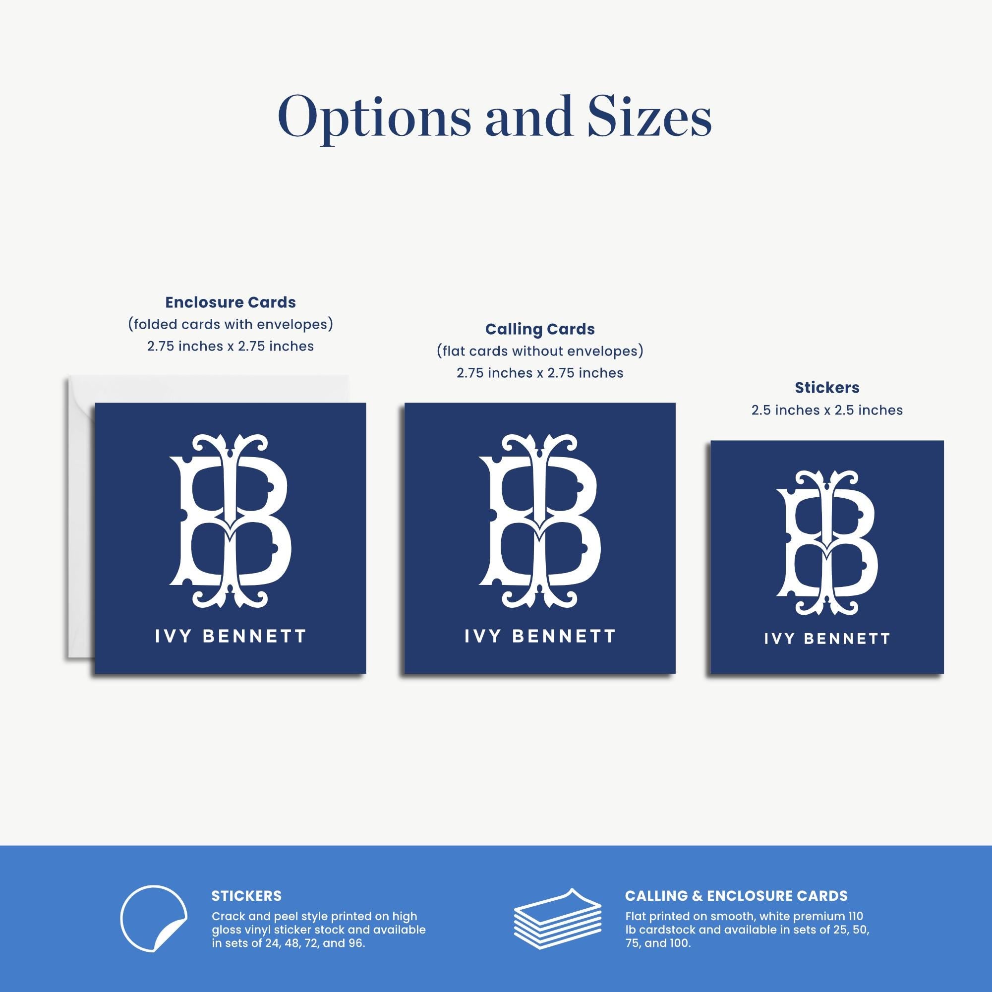three different options and sizes of enclosures and stickers, along with information about their uses.