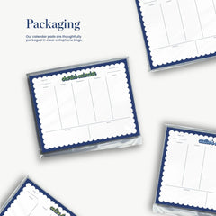 a collage of four calendar pads, each with a blue and white design and a grid layout. The pads are arranged in a way that they appear to be part of a larger collection or display.
