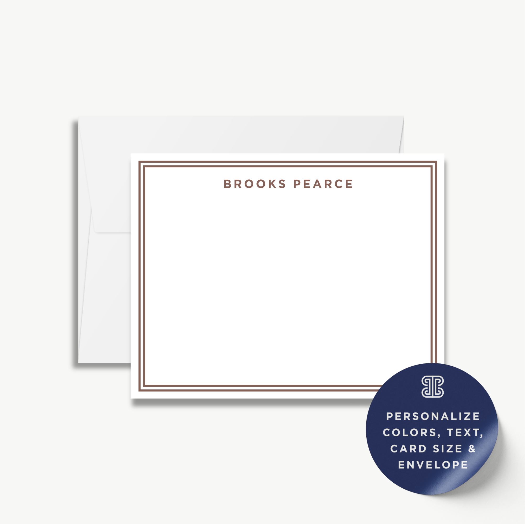 a blank personalized stationery card with the name "Brooks Pearce" printed on it, along with a label indicating that the card can be personalized with colors, text, card size, and envelope.