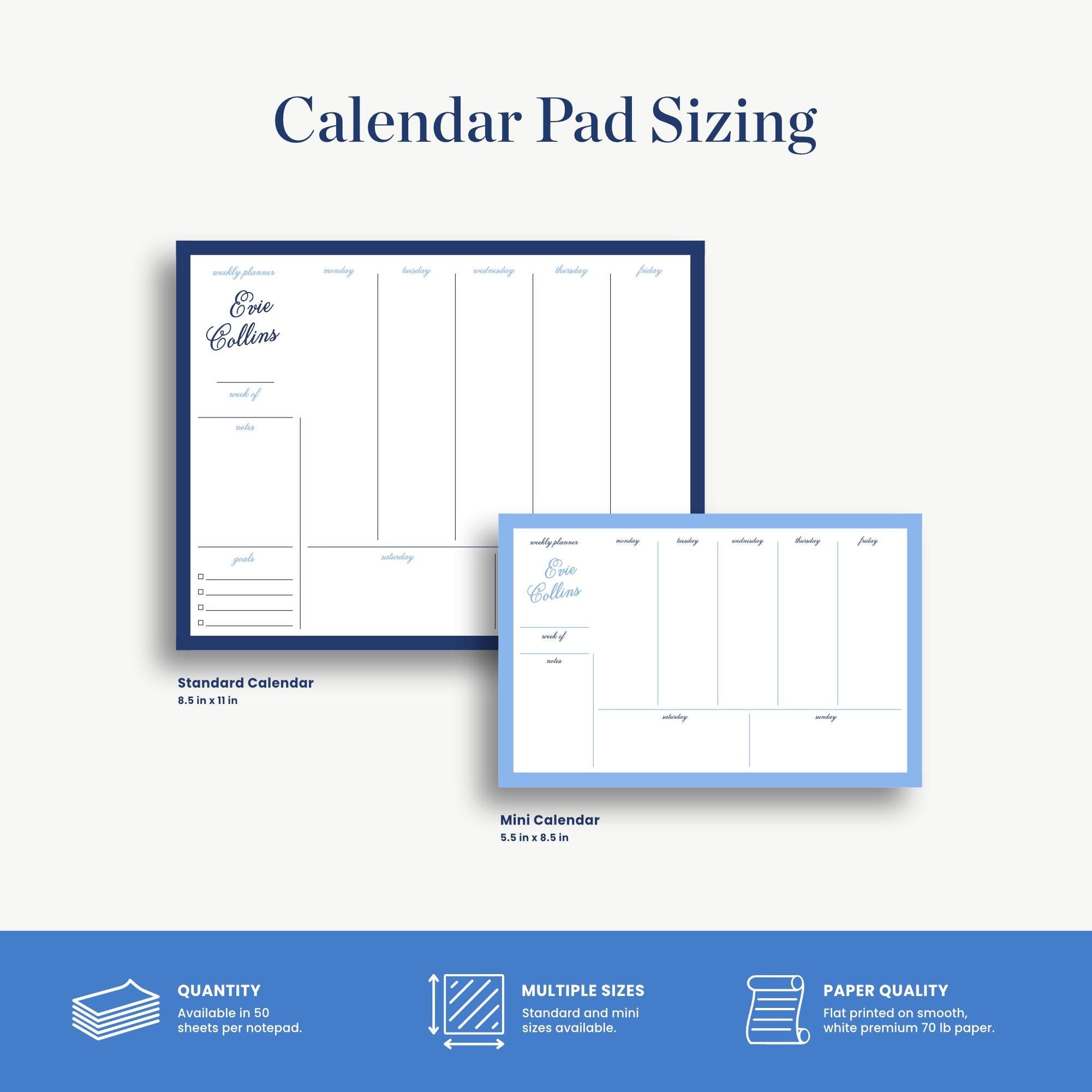 a standard and mini calendar pad sizes, along with their respective dimensions and paper quality options.