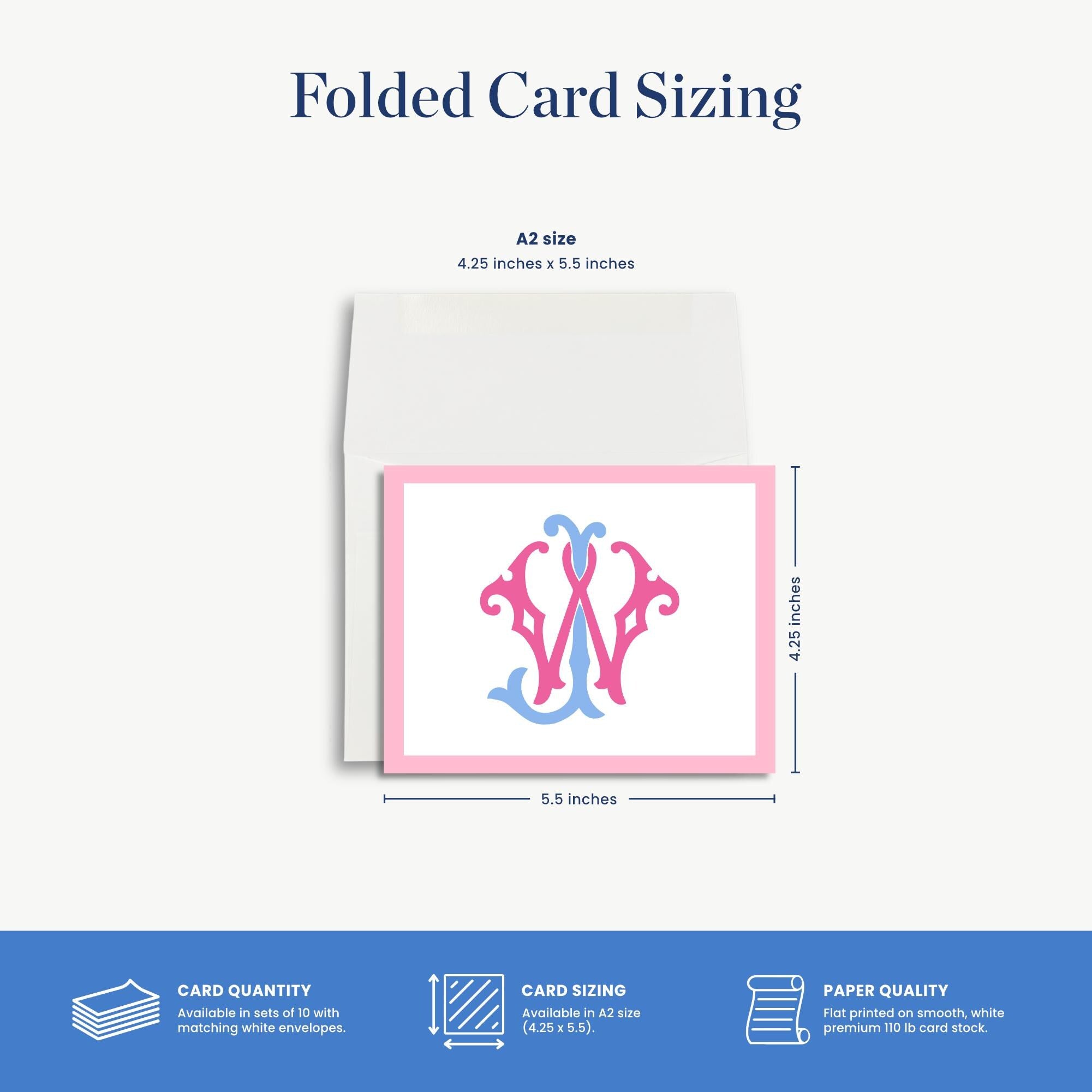 The image is a folded card sizing guide, providing dimensions and features of a folded card. It includes a 4.25-inch A2 size, a 4.25-inch x 5.5-inch size, and a card size of 5.5 inches. The card is described as having a matching white envelope, and it is printed with a paper quality of premium 150 lb card stock. The image also includes a card quantity of 10,000, a card size of 2.25 x 2.5 x 1.5, and a folding technique.