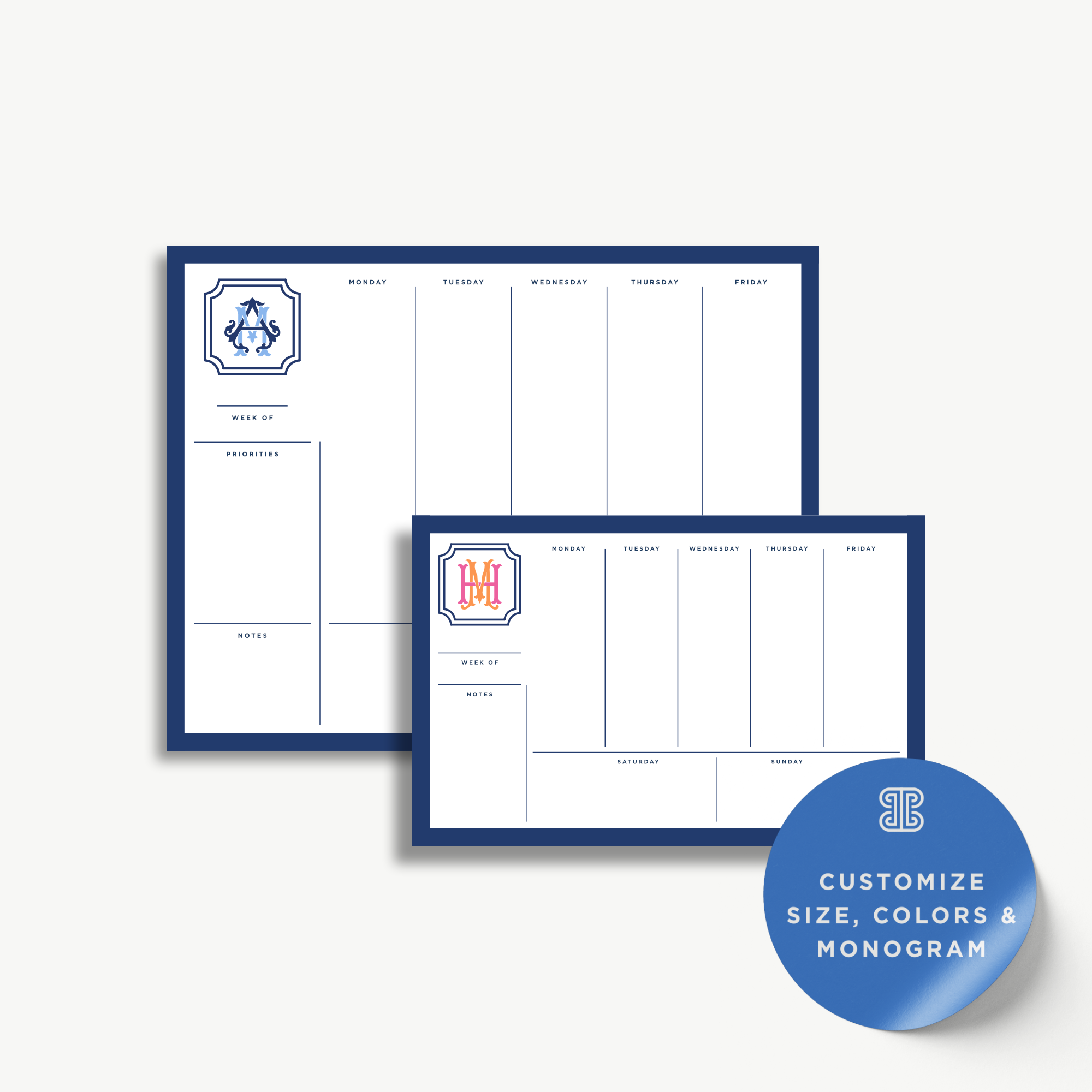 two blue planners with a monogrammed logo, labeled as "Customize Size, Colors & Monogram".