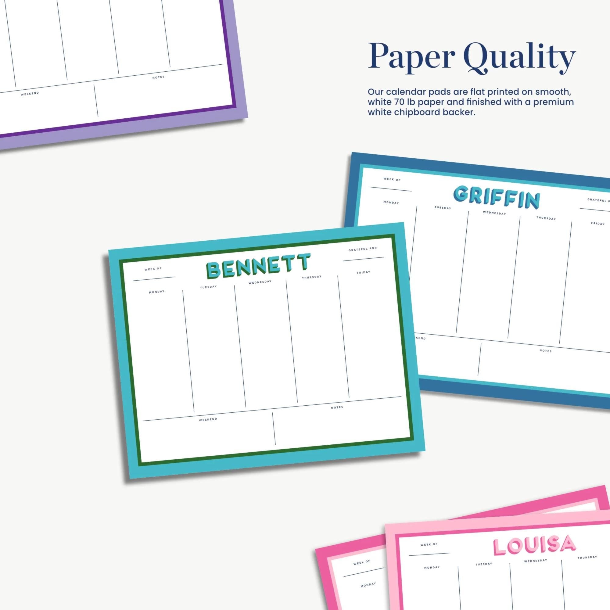 five colorful paper quality cards with blank spaces for writing, each featuring a different name and a list of tasks or goals.