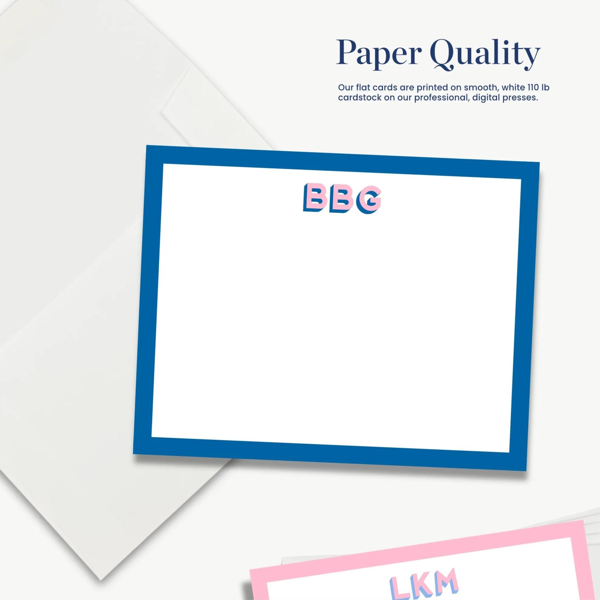 a white envelope with a blue border, and a blank card with a pink border inside it. The text "Paper Quality" is visible, along with a description of the paper quality.