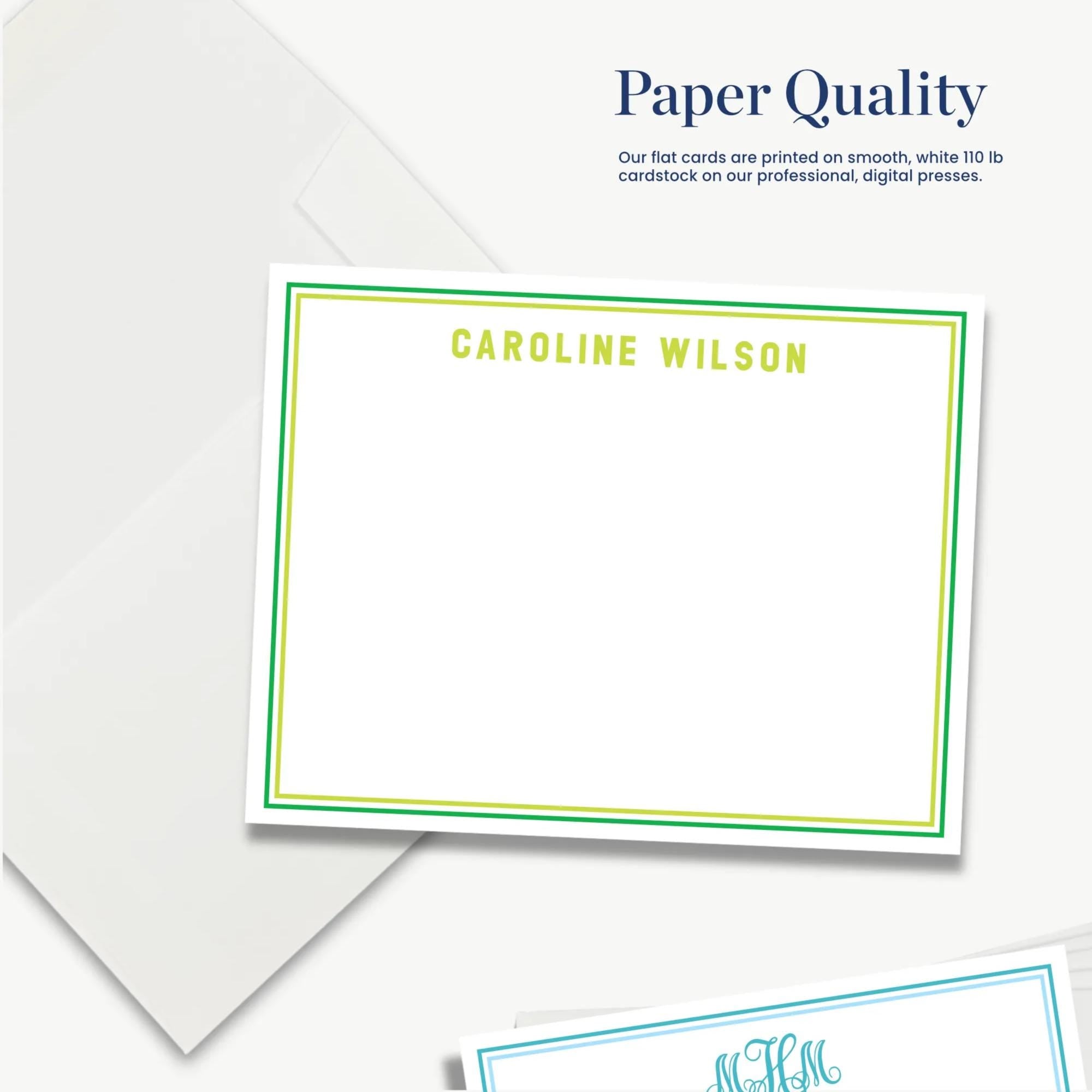 The image is a collection of two blank personalized cards, each with a name and monogrammed initials, placed on a white background.