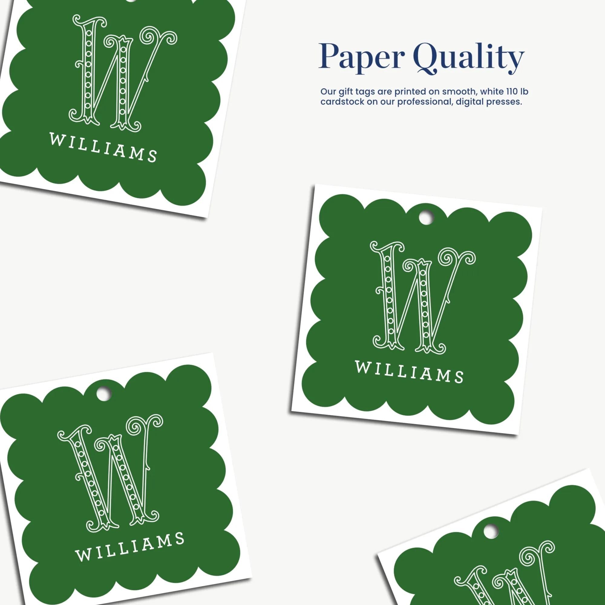 The image is a collage of four green tags with the text "Williams" printed on them.