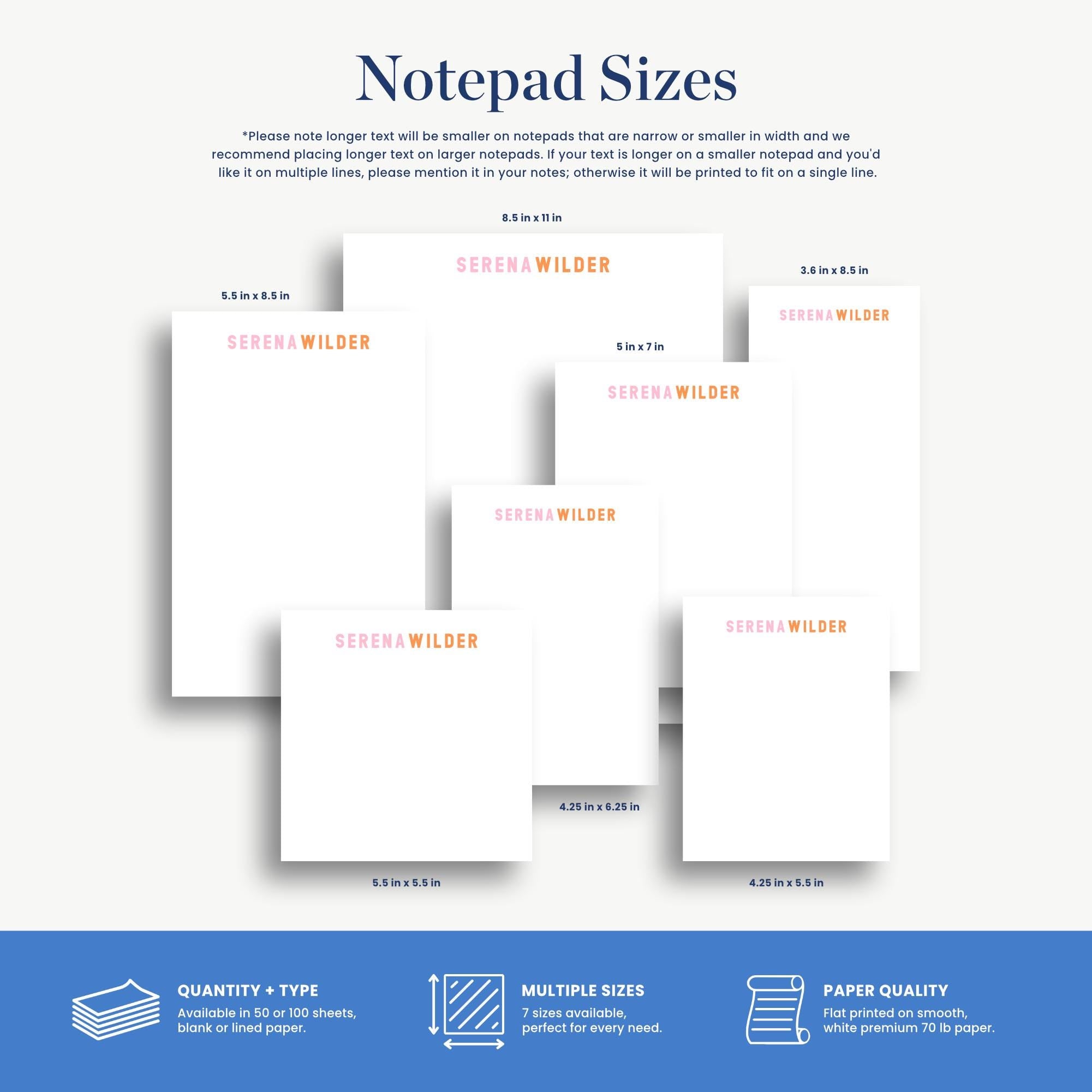 a variety of notebook sizes, including Serena Wilder notebooks, with different dimensions and paper quality options.