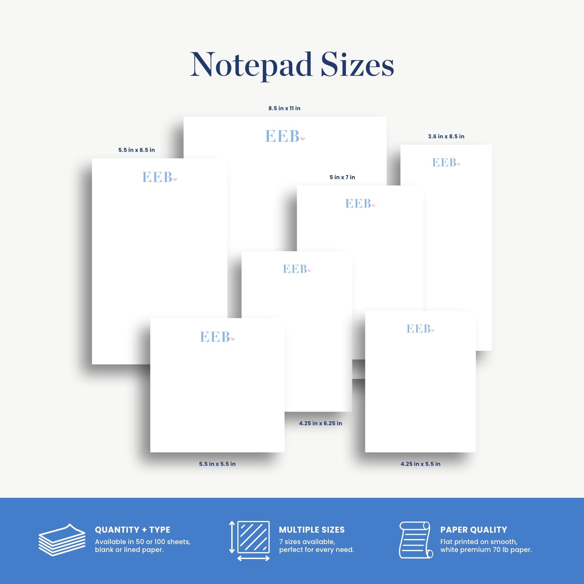 a variety of notepad sizes, including 5.5 x 6.5 inches, 5.5 x 6.5 inches, and 4.25 x 5.5 inches, as well as EEEB-sized notepads. The image also provides information about the different paper quality options, such as the quantity and type of paper, multiple sizes, and the paper quality, including white premium 70 lb paper.
