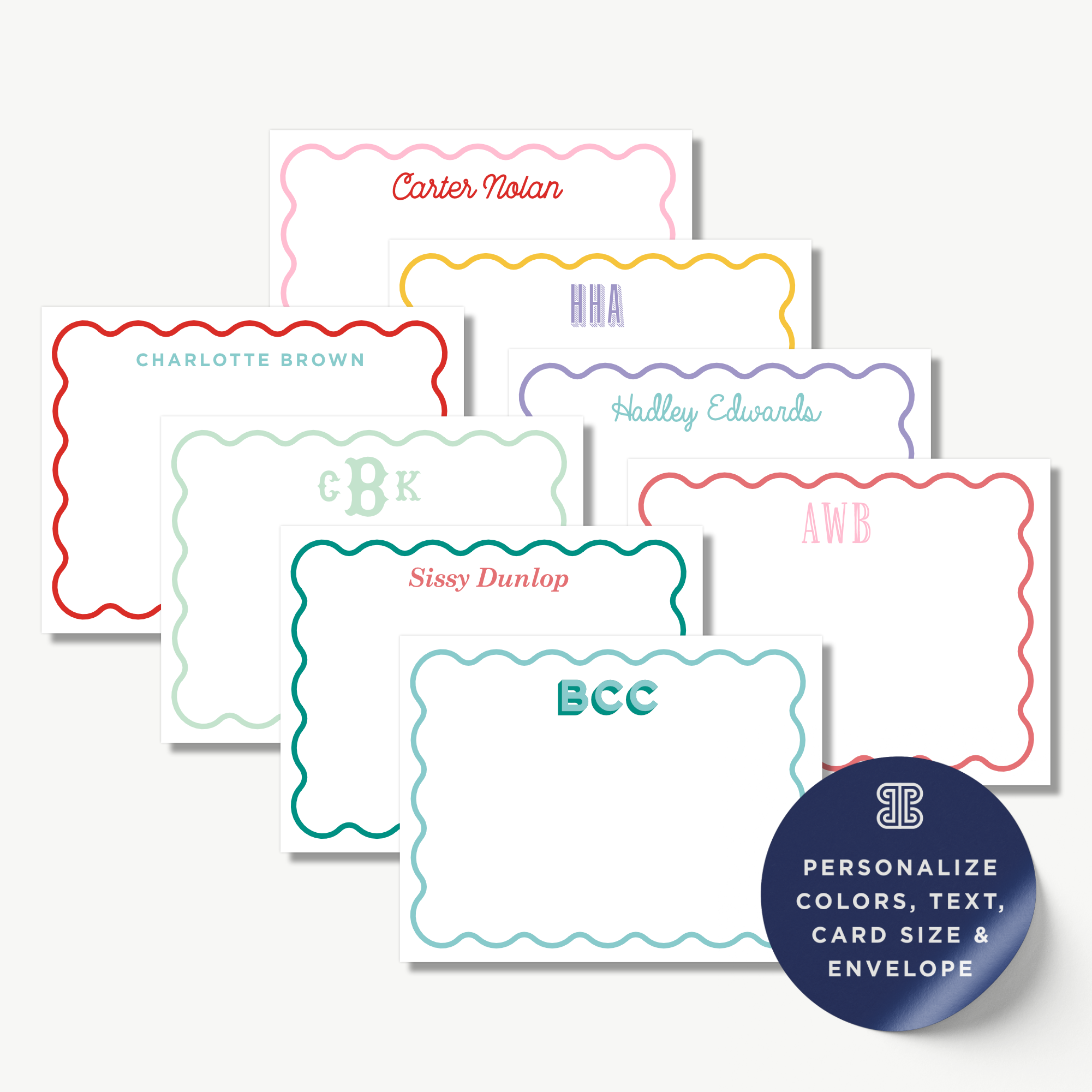 a collection of personalized name cards with scalloped edges, each featuring a different name and color. The cards are arranged in a row, showcasing a variety of names and colors.