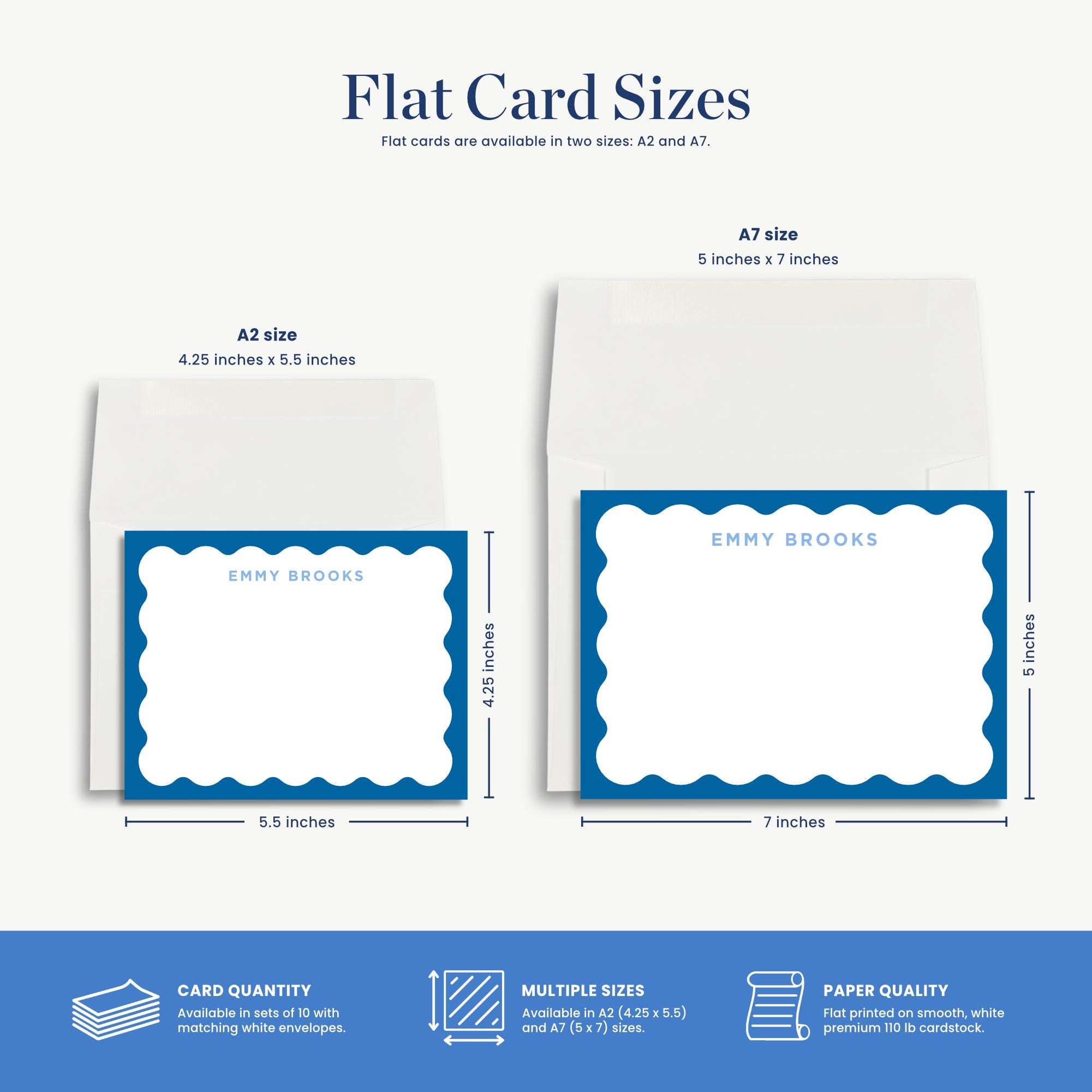 a blue and white flat card size guide