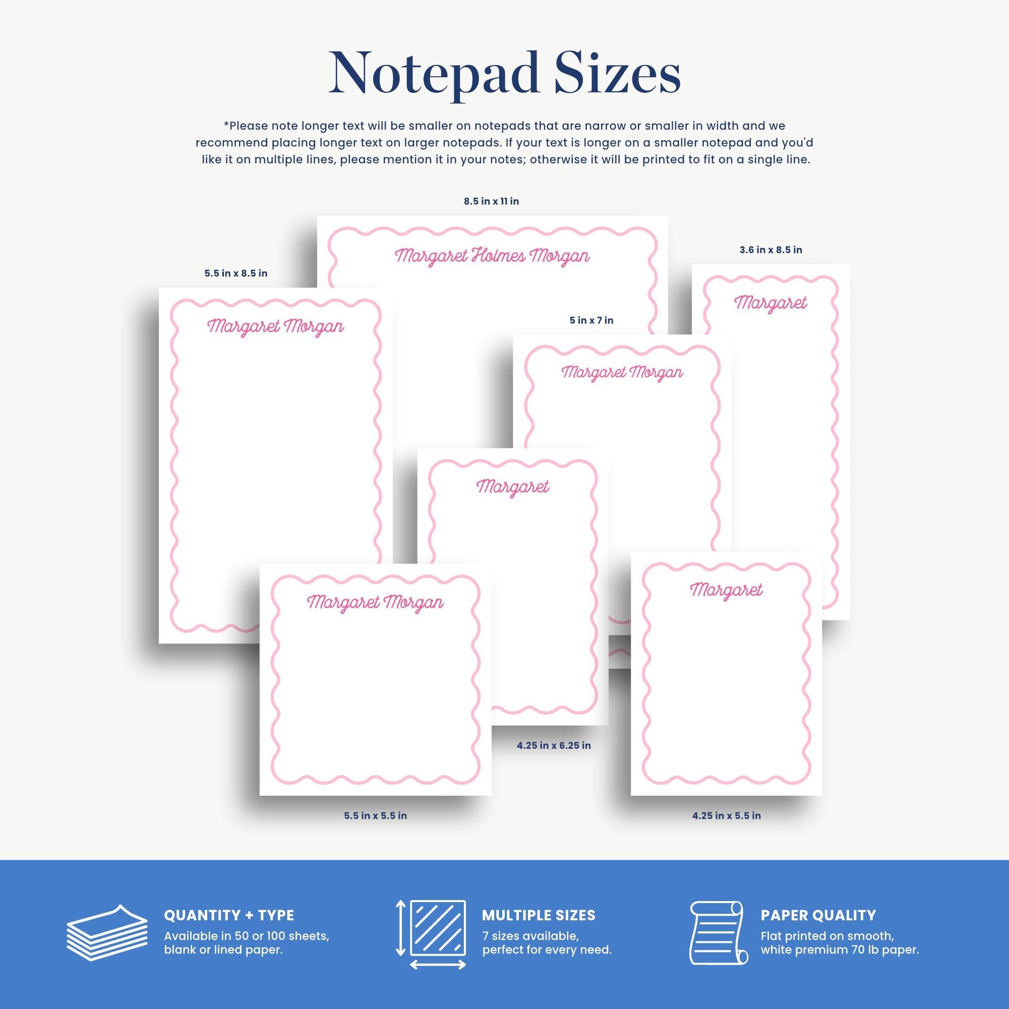 a variety of notebook sizes, including 5.5 x 5.5 inches, 5.5 x 6.5 inches, and 5.5 x 7.5 inches, as well as a note pad with a pink frame.