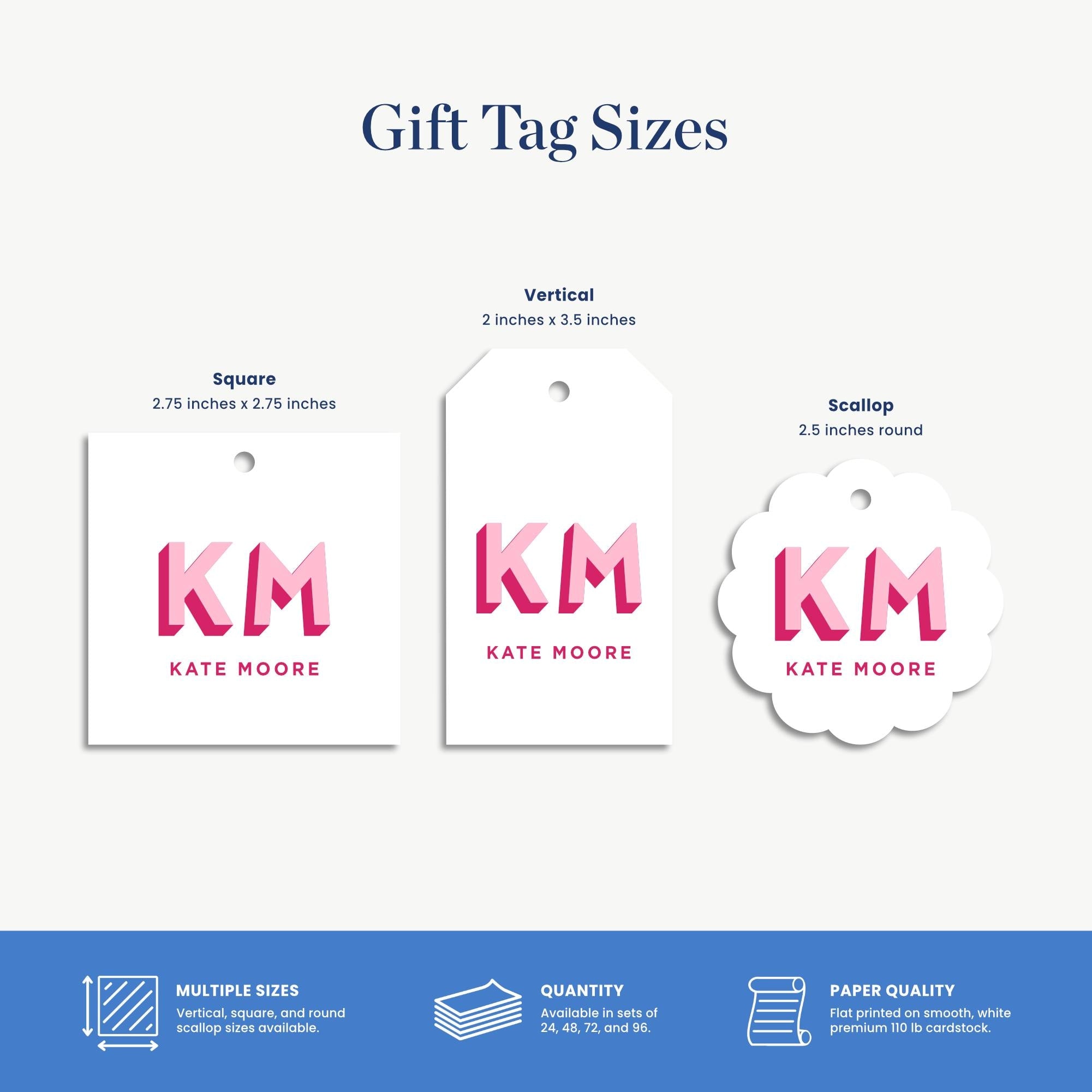 three different gift tag sizes, each with a unique design and dimensions, along with information about their paper quality and multiple sizes available.