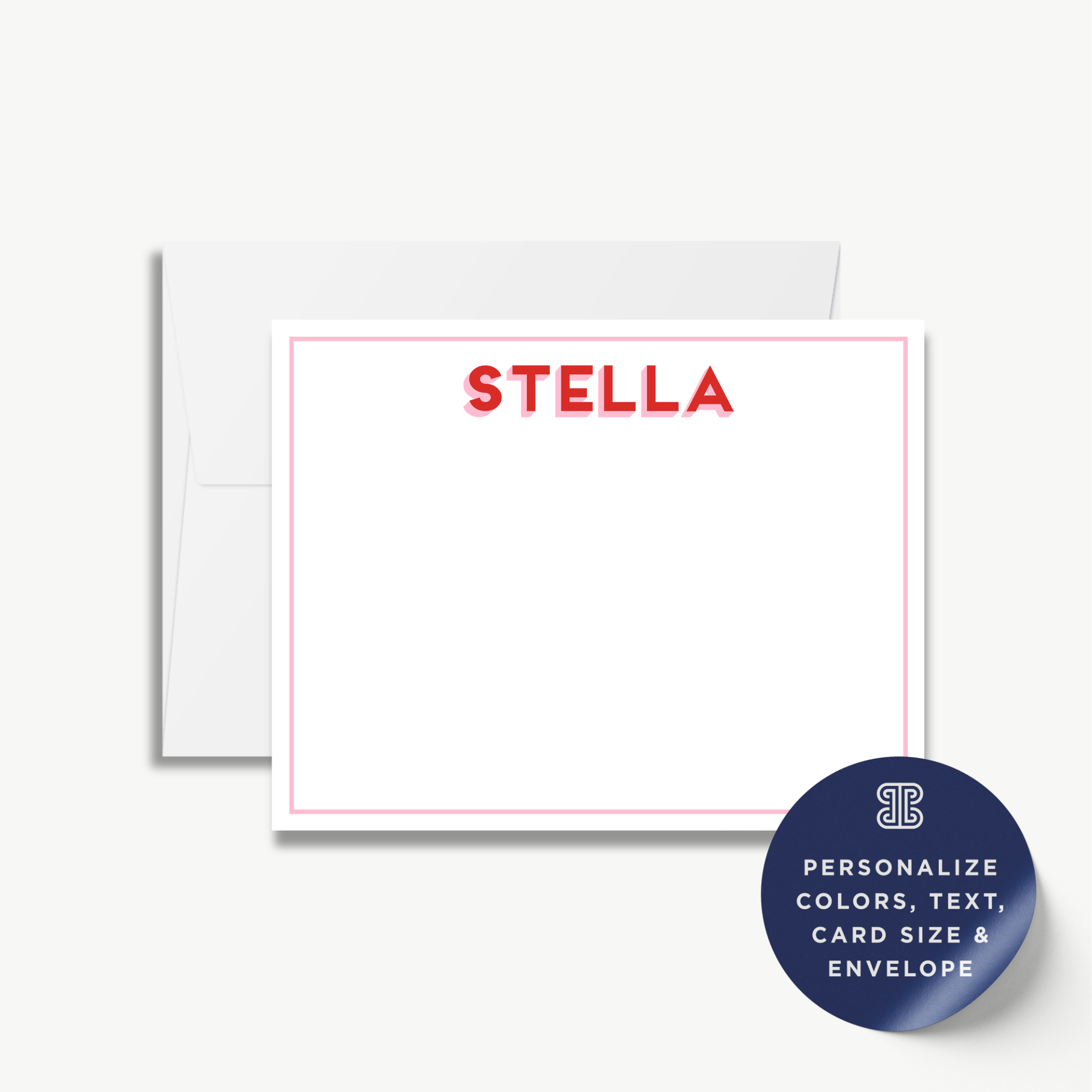 a blank personalized stationery card with the name "Stella" written on it, along with a label indicating that the card can be personalized with colors, text, card size, and envelope.