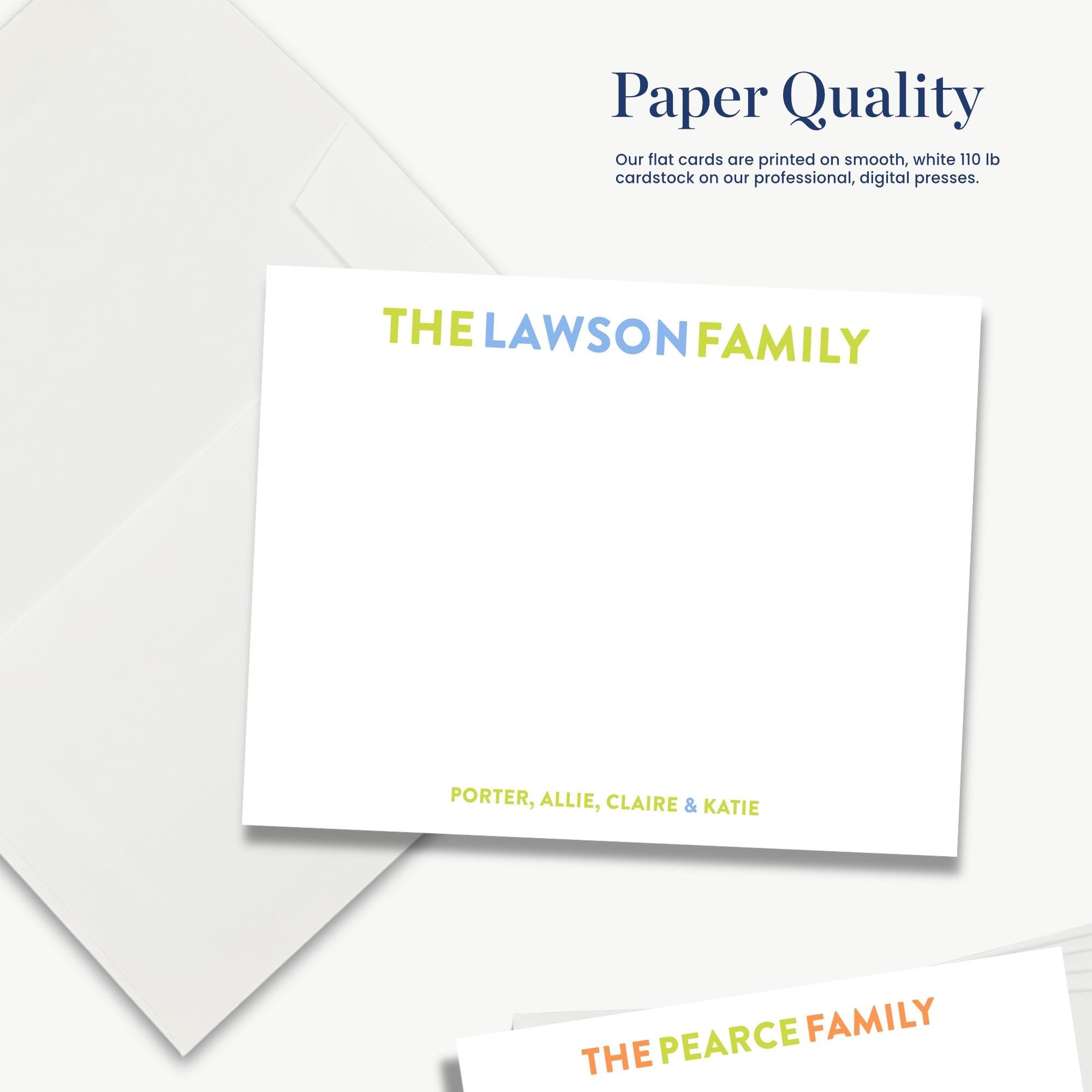 The image is a collage of two blank business cards, each with a different name and title, and the text above them states "Paper Quality" and "Our flat cards are printed on smooth, white 110 lb cardstock on our professional, digital presses."