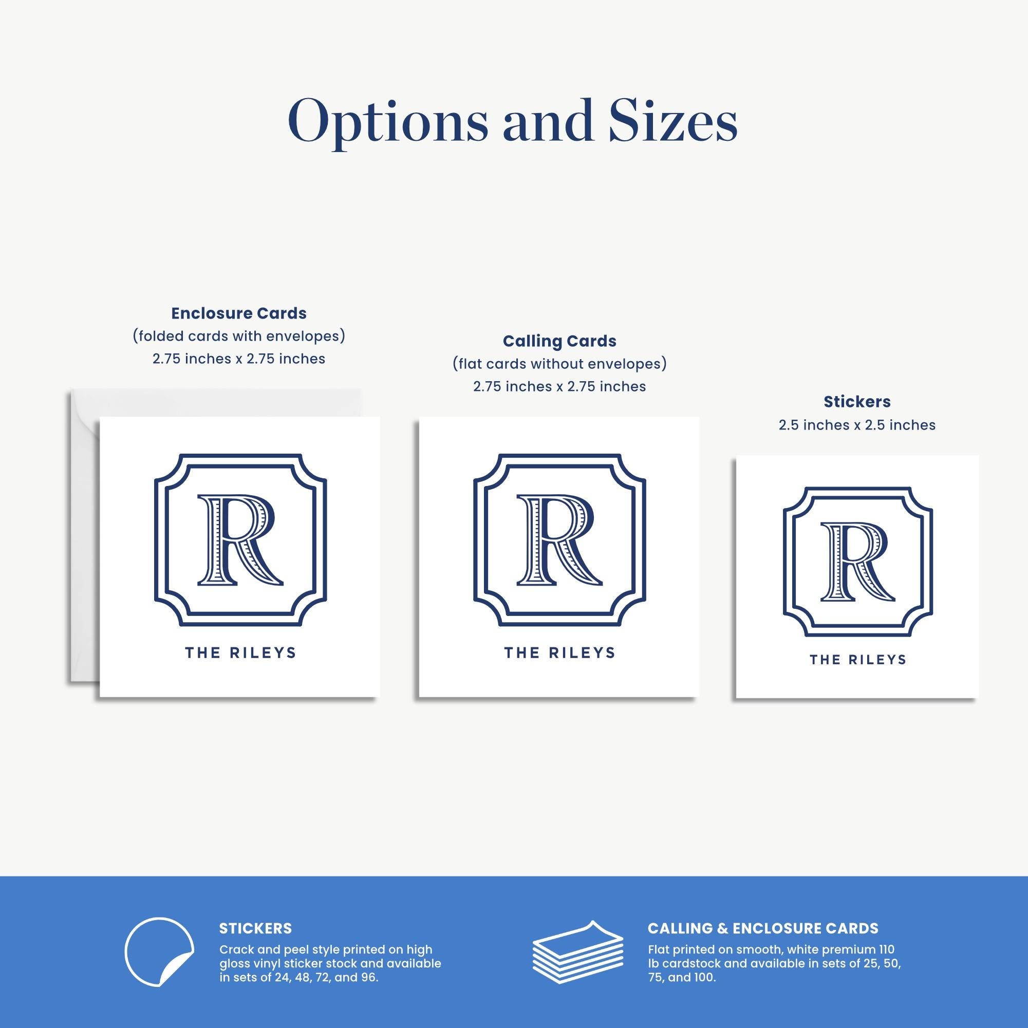 three different options and sizes of enclosures and stickers, along with a description of each option.