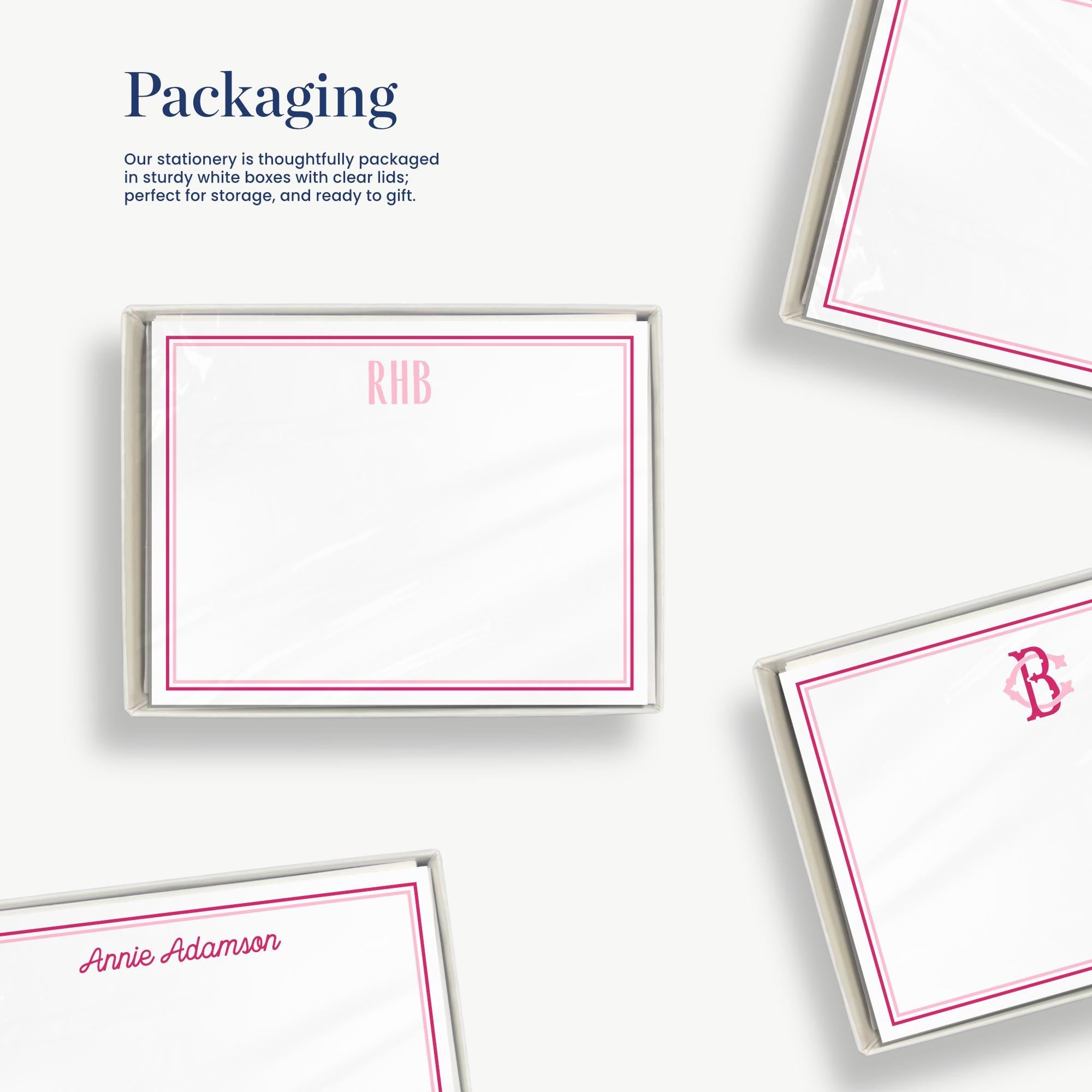 The image is a collage of multiple images featuring personalized stationery items, including boxes and note cards with names and monograms.