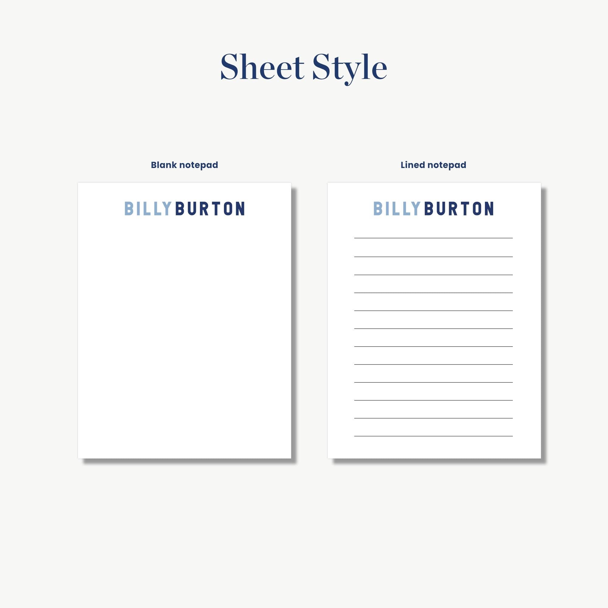 two blank notepads with the same design and branding, specifically the name Billy Burton' printed on them.