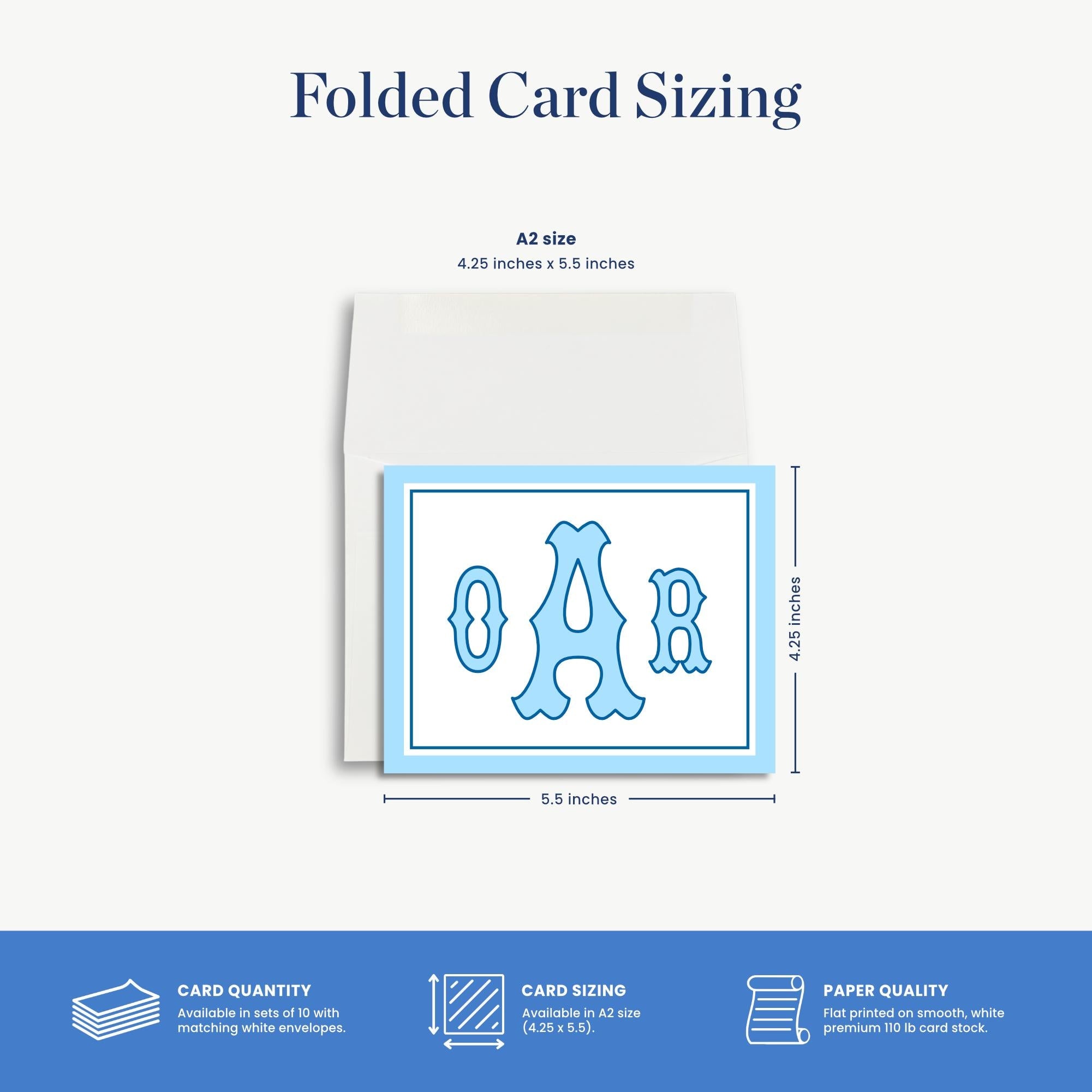 The image is a folded card sizing guide, providing measurements and details about the card size and paper quality.