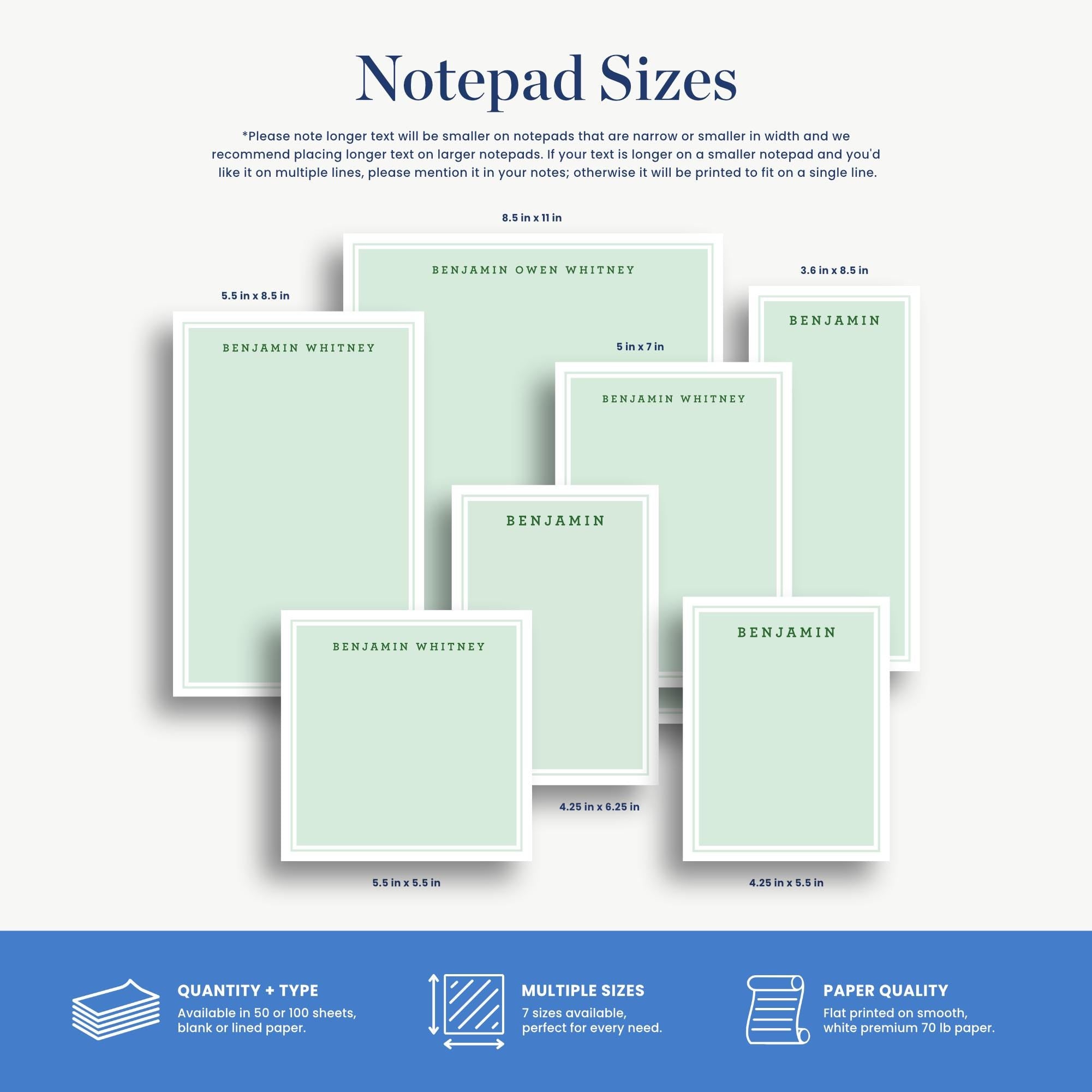 a variety of notebook sizes, including 5.5 x 8.5 inches, 5.5 x 6.5 inches, and 5.5 x 7.5 inches, as well as Benjamin Whitney notebooks in different sizes.