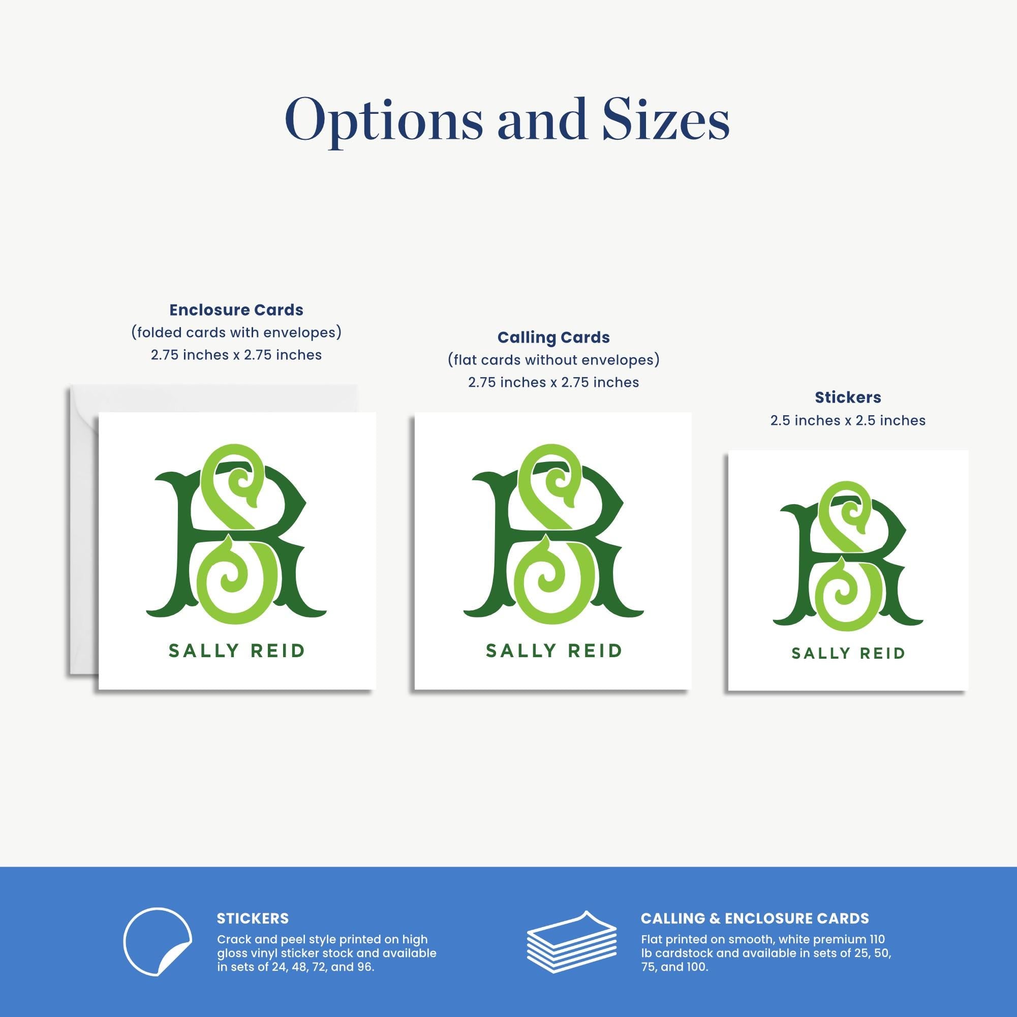 three different options and sizes of cards, including Enclosure Cards, Calling Cards, and Stickers.