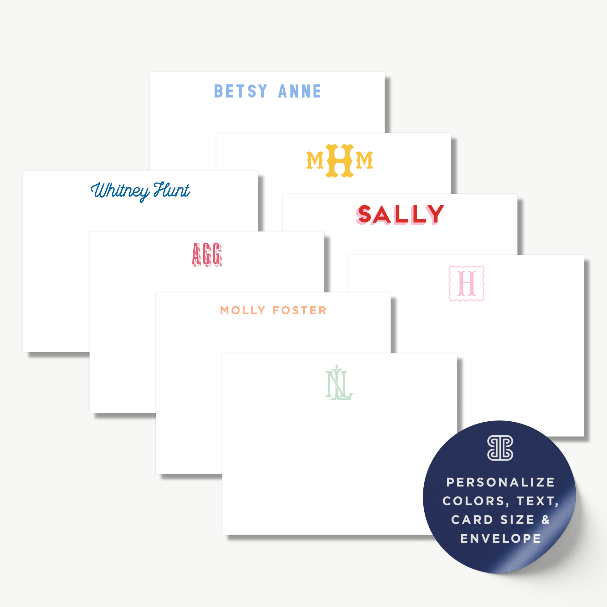 a collection of personalized stationery items, including name cards and envelopes, each with unique monogrammed names and designs.