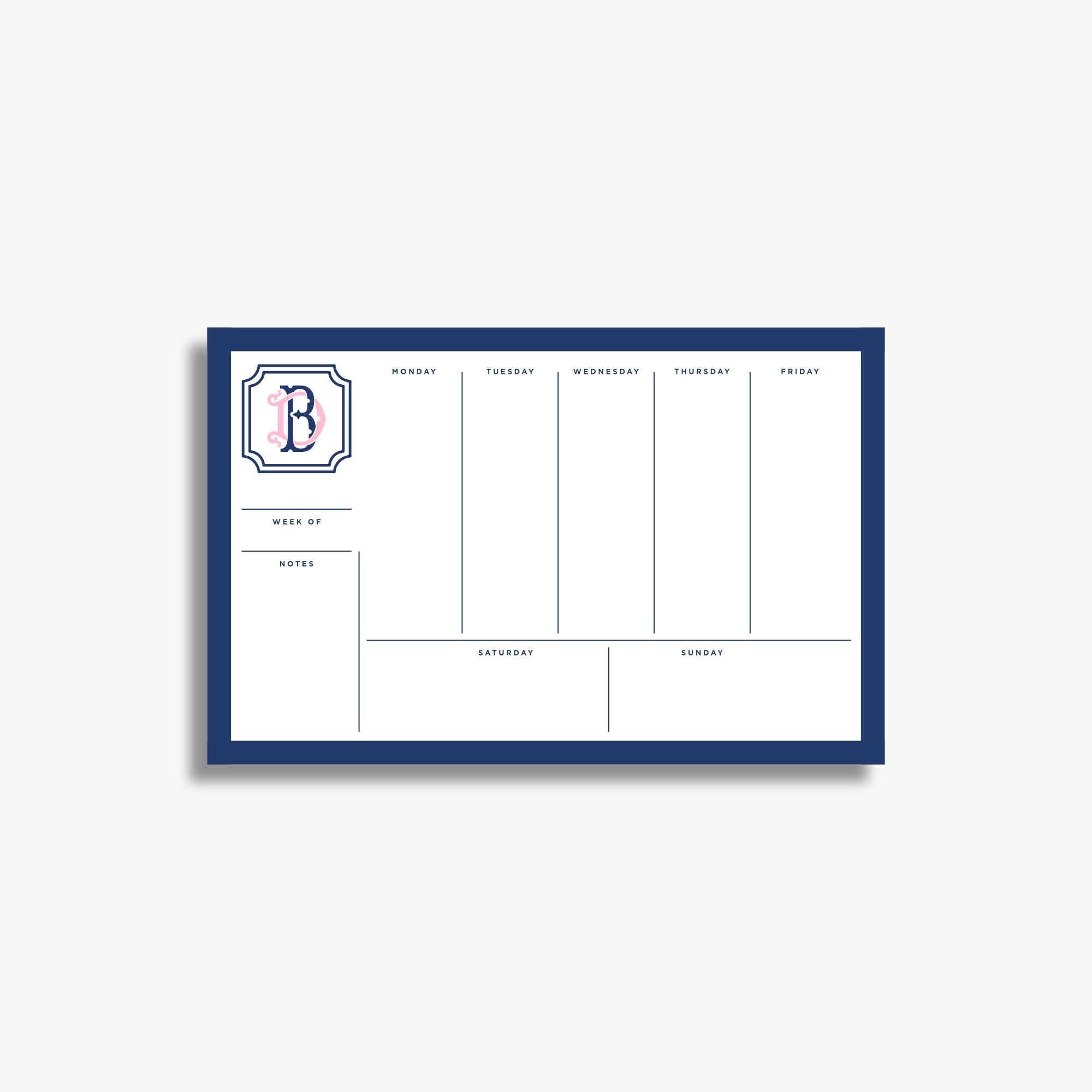 A blue and white weekly schedule or planner with the days of the week listed and blank spaces for notes or appointments.