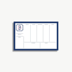 A blue and white weekly schedule or planner with the days of the week listed and blank spaces for notes or appointments.