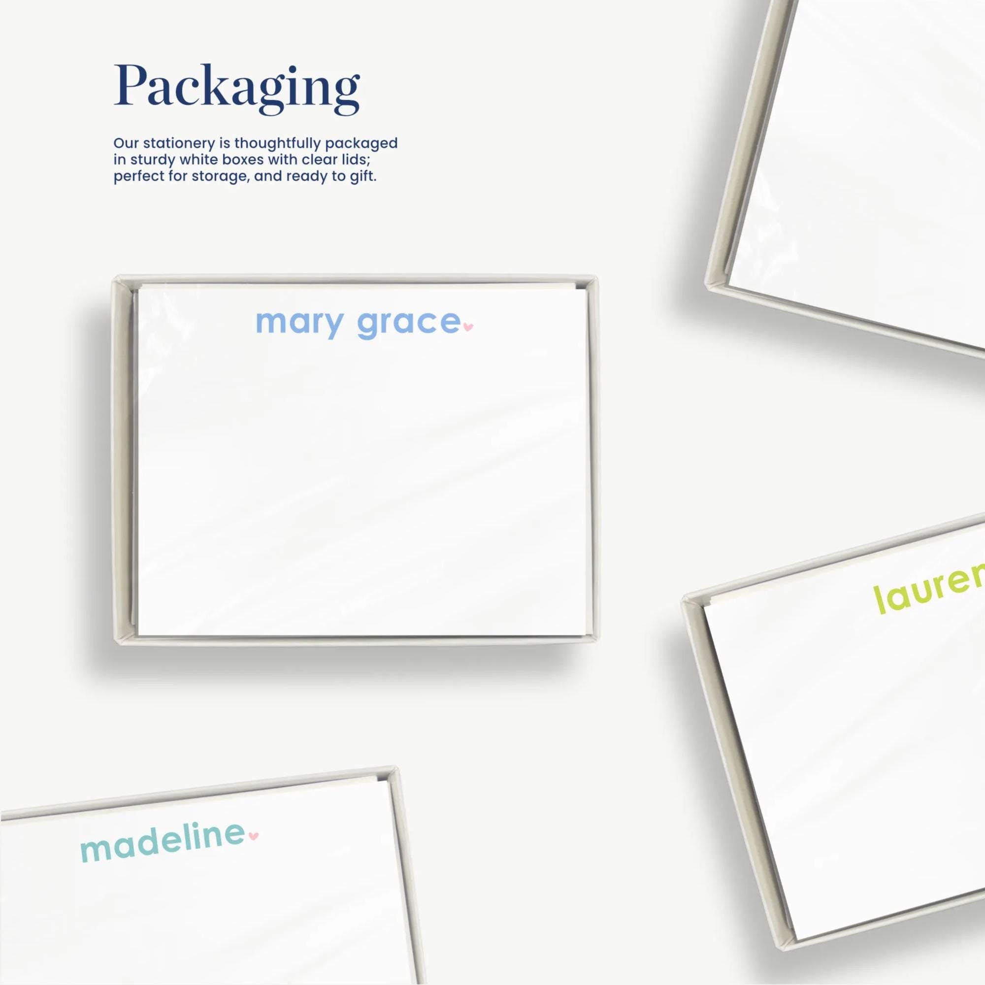 The image is a collage of various images, including a white square with the name mary grace' written on it, a white square with the name 'lauren' written on it, and a white square with the name madeeline' written on it. The image also contains text that reads "Our stationary is thoughtfully packaged in sturdy boxes for storage and ready to go."